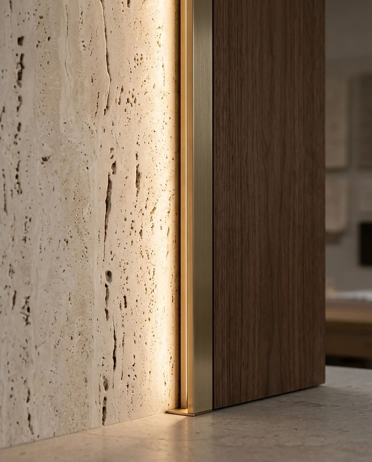 Stone wall meeting a walnut panel with a bronze light line