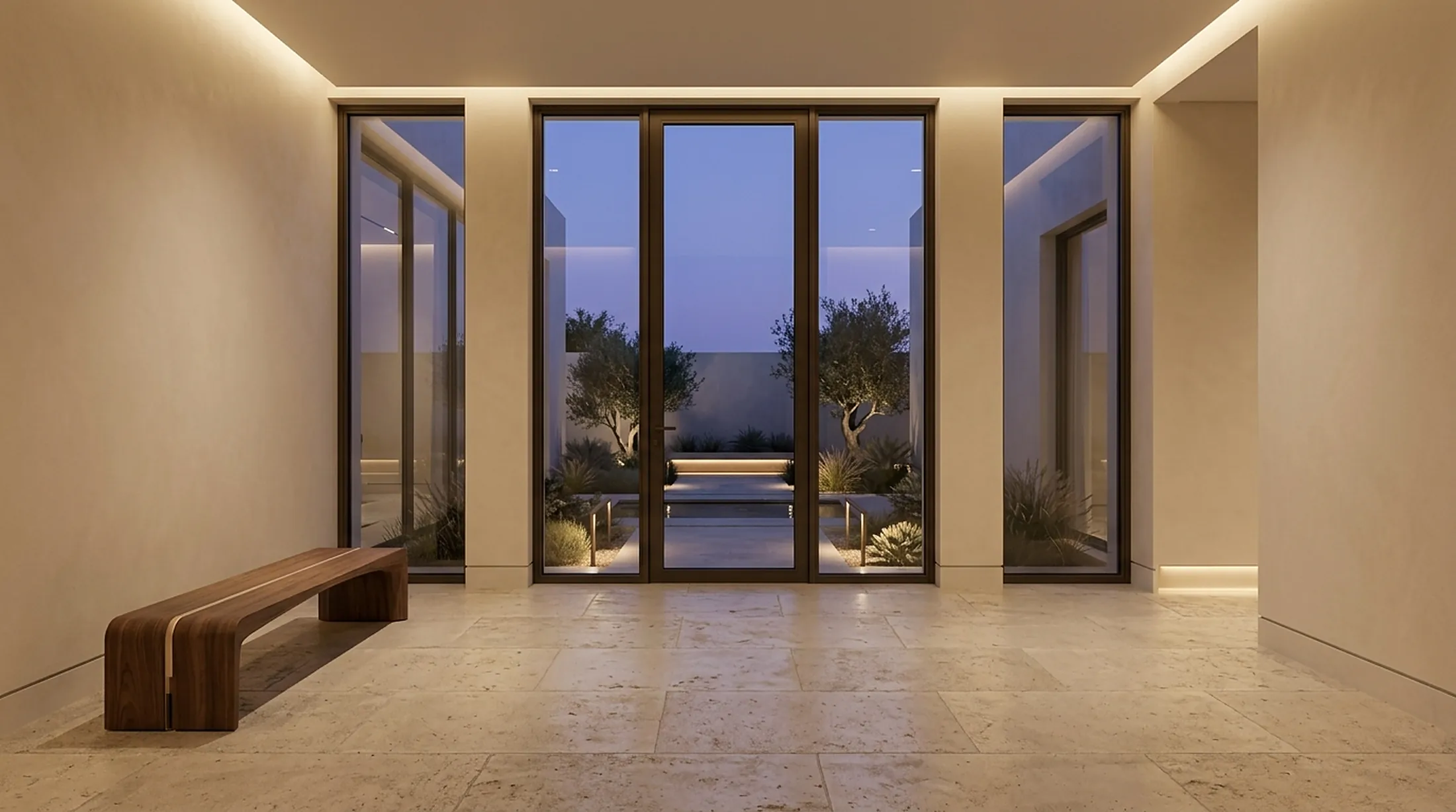 Stone gallery space opening onto a lit courtyard at dusk