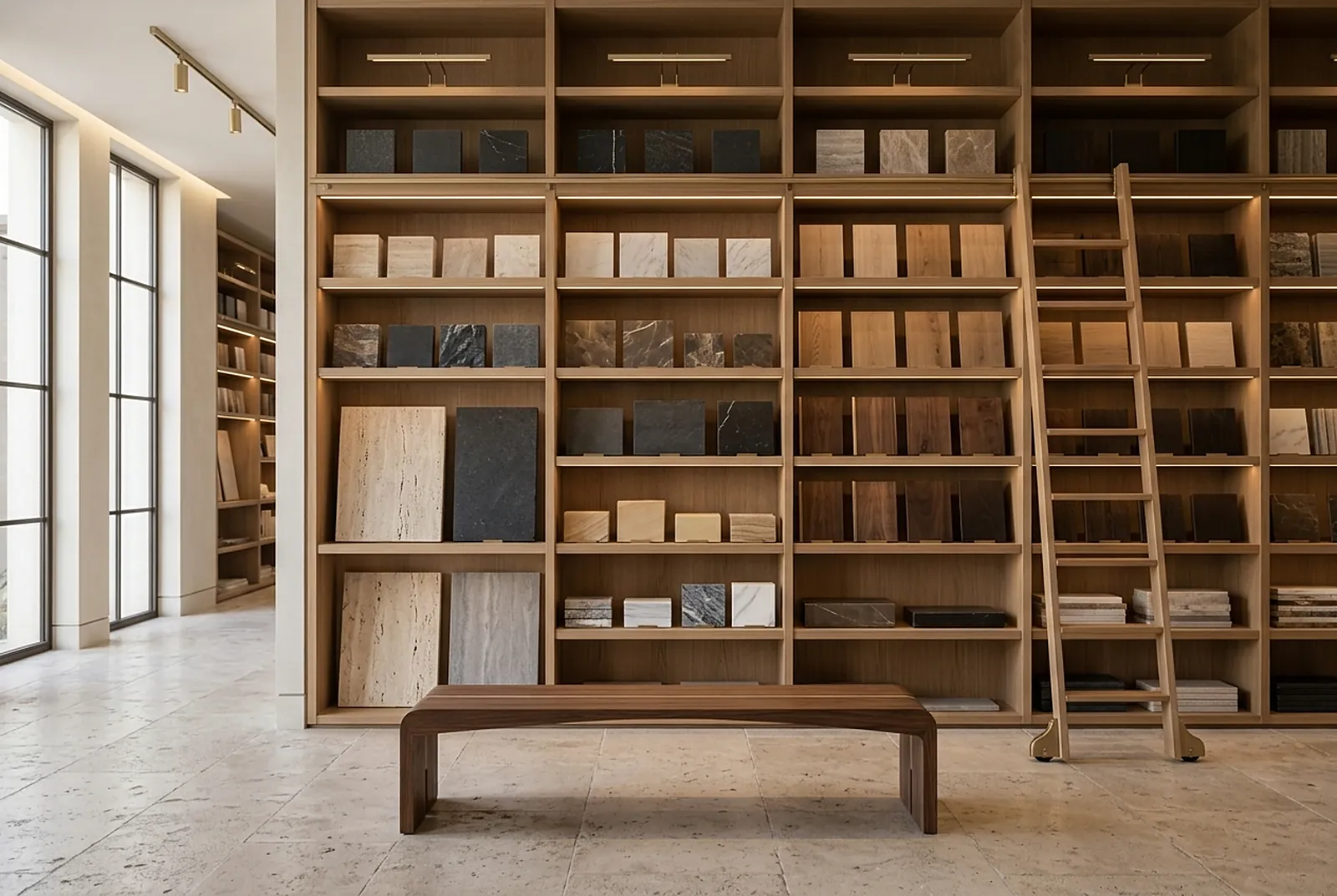 Floor-to-ceiling sample library with a rolling ladder