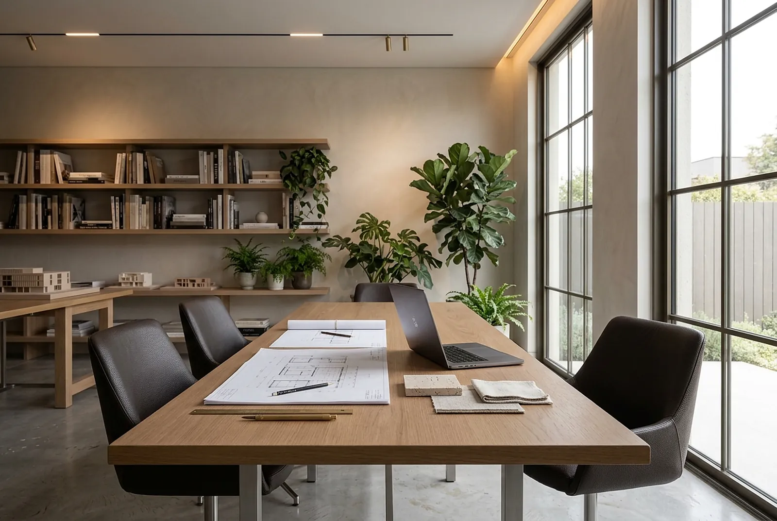 Long walnut meeting table with sketches and a laptop