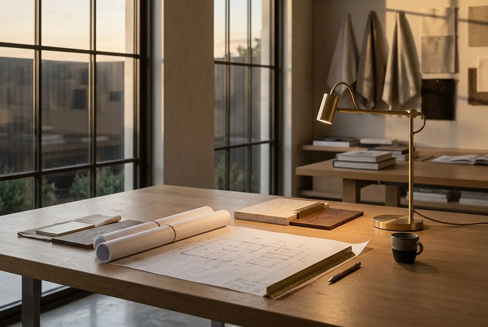 Designer desk with plans, samples and a brass lamp