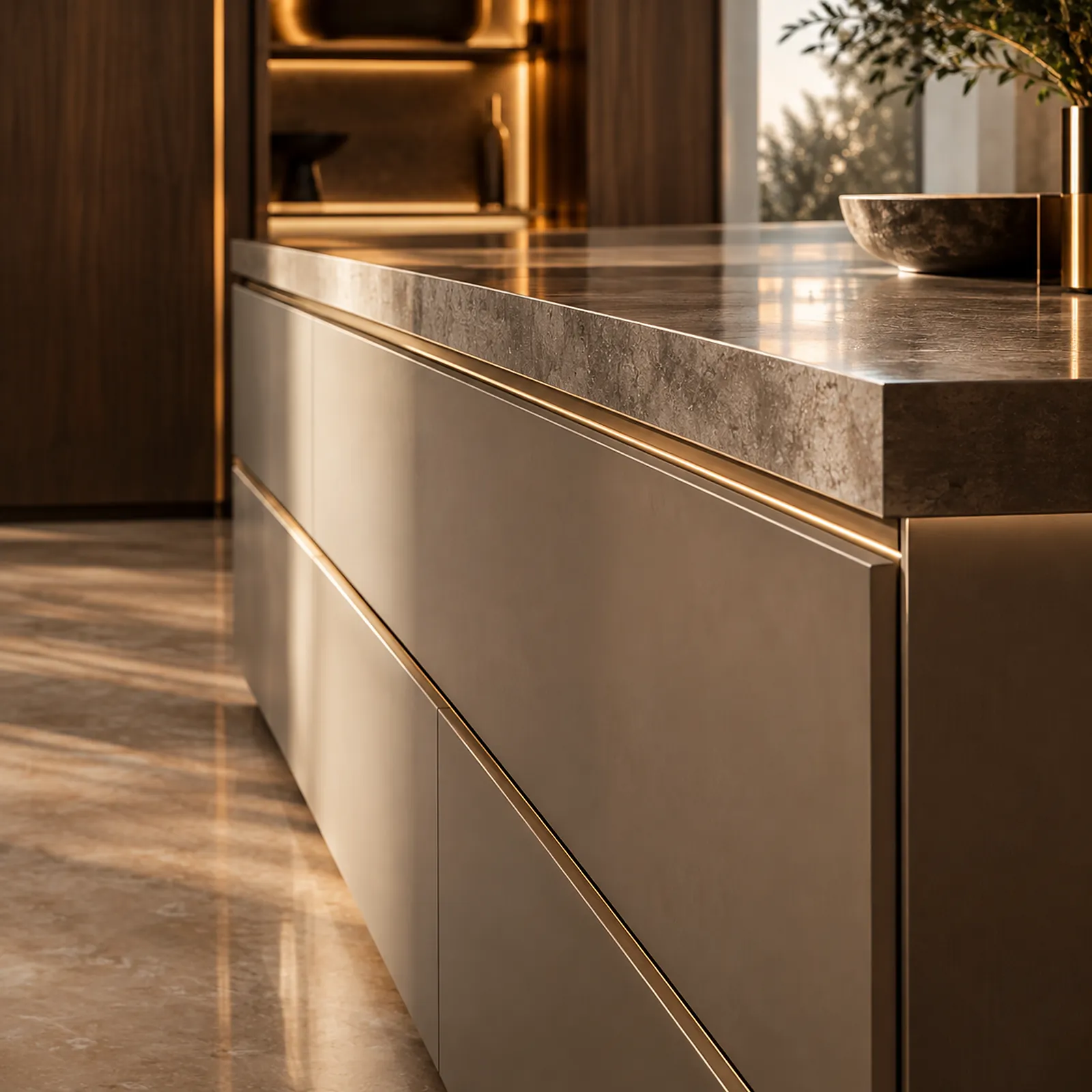 Handleless drawers with a brass inset line
