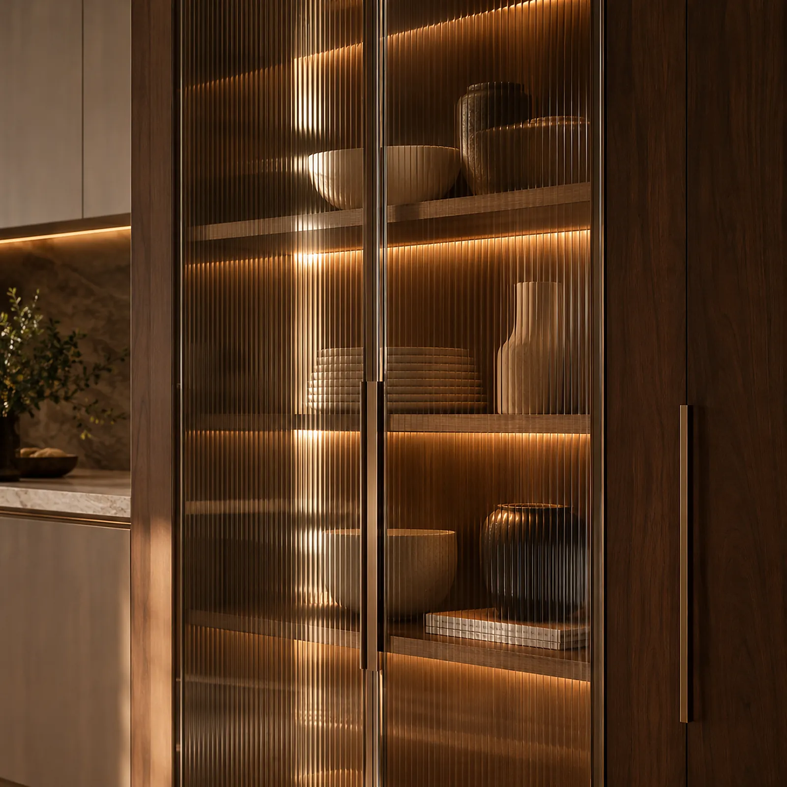 Fluted glass cabinet lit from within