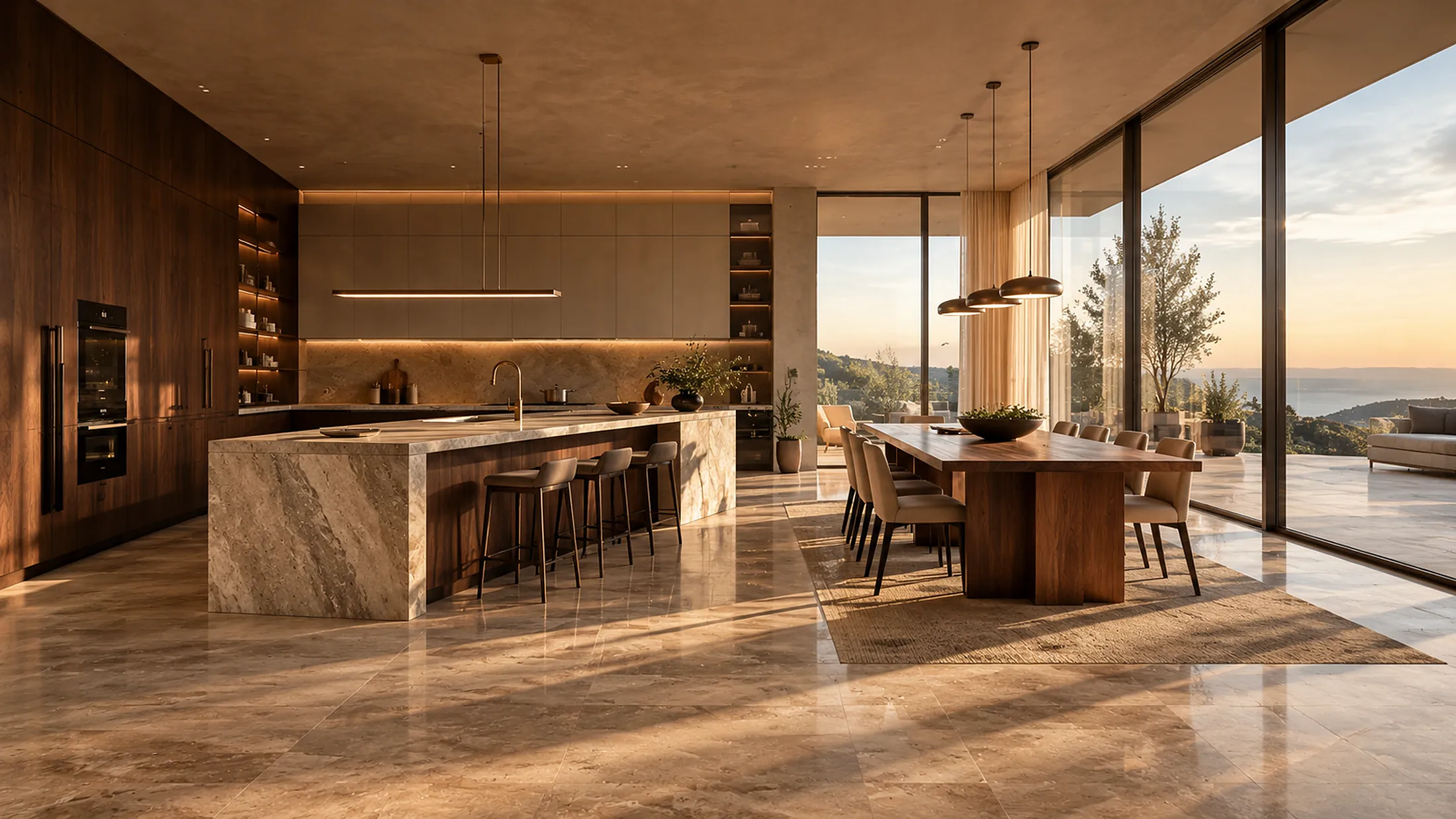 Open kitchen leading to a dining table and terrace at golden hour