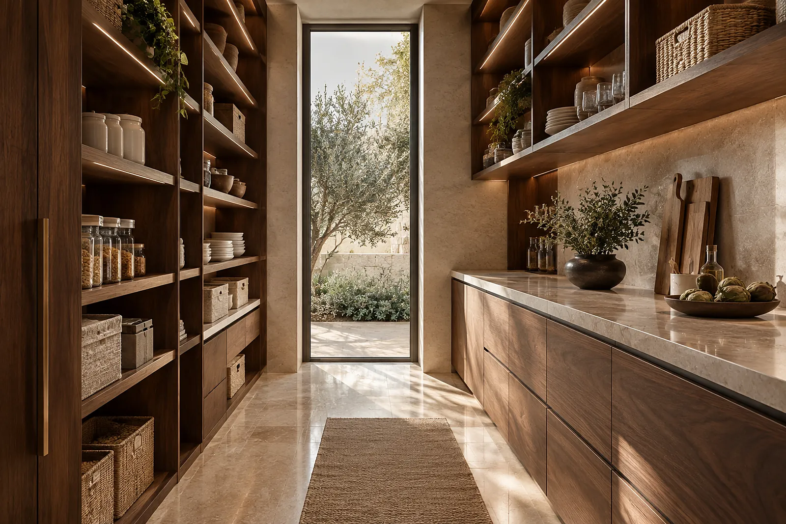 Walk-in pantry with walnut shelves and stone worktop