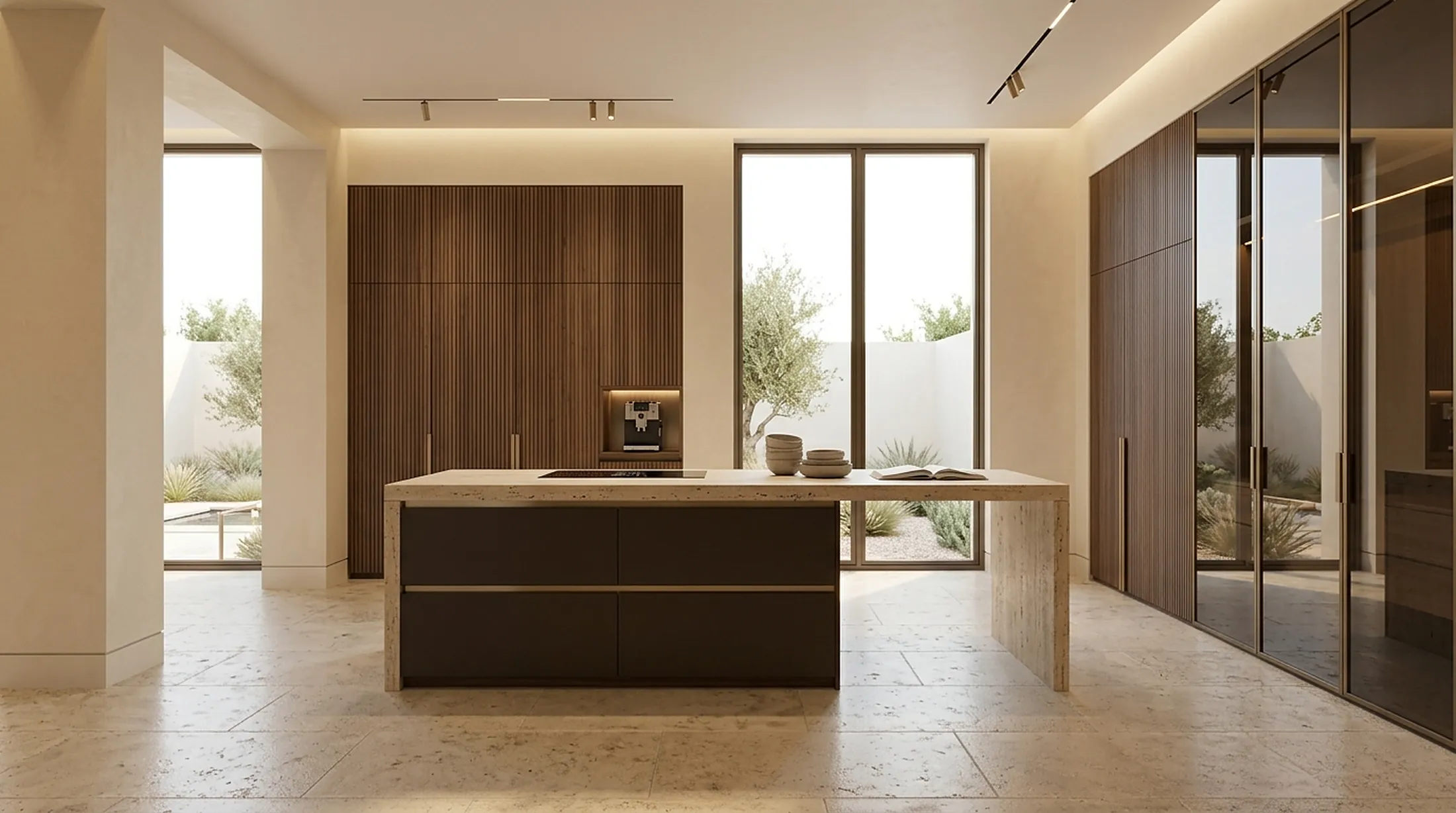 Kitchen island in espresso lacquer with travertine top and walnut tall units