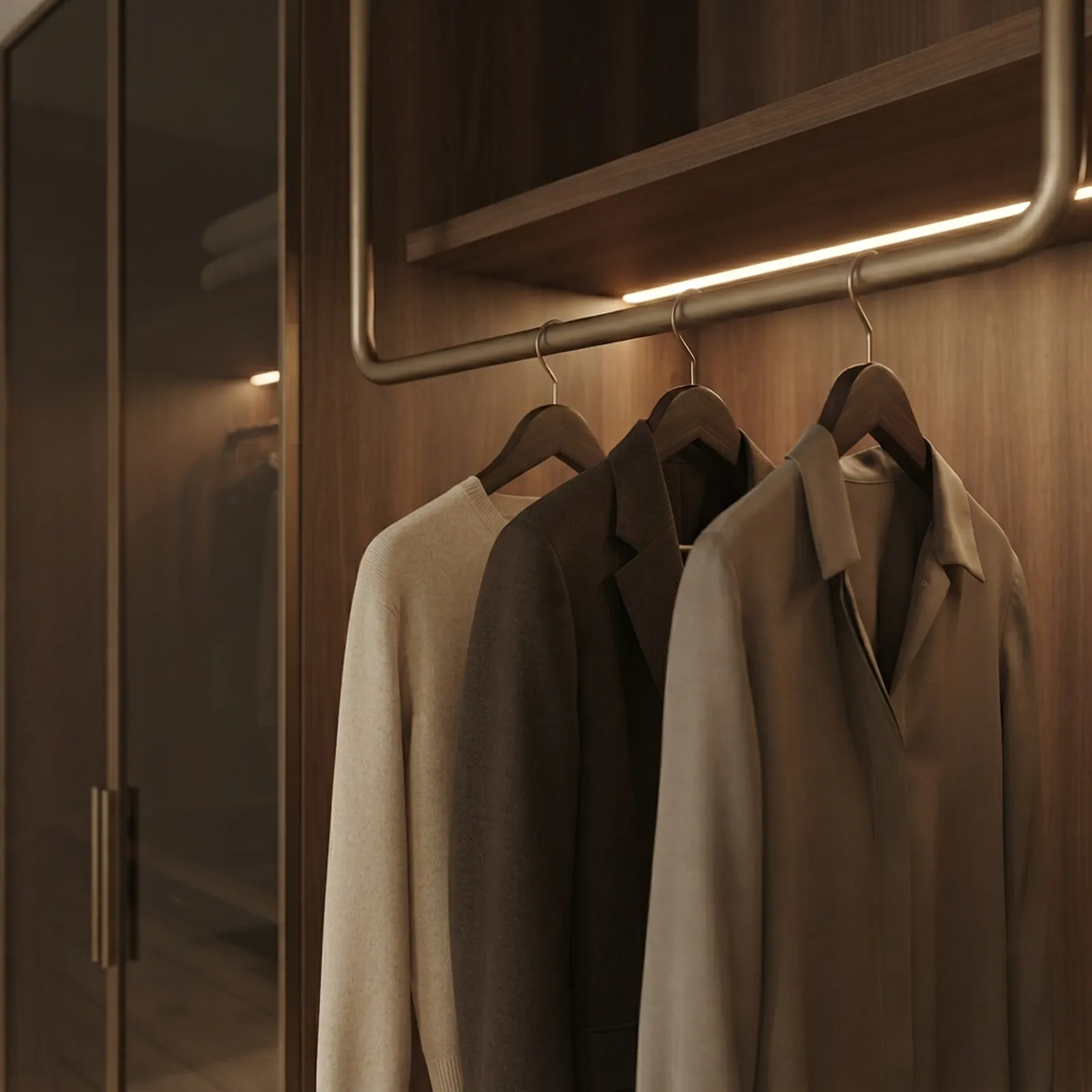 Bronze hanging rail with neutral garments