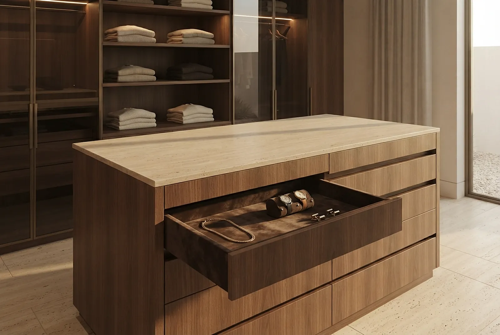 Central island with an open jewellery drawer