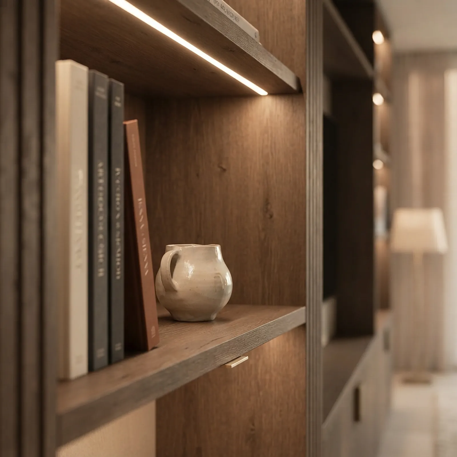 Lit bookshelf with books and a ceramic jug
