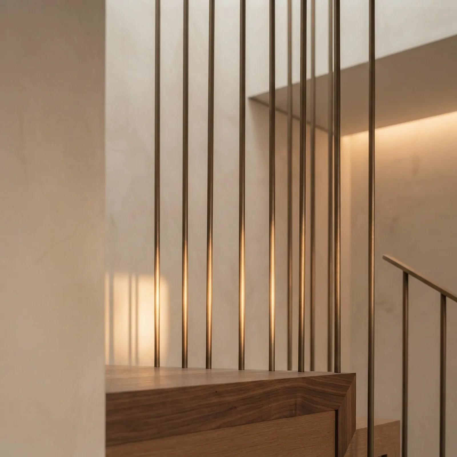Bronze rod balustrade rising beside a stair