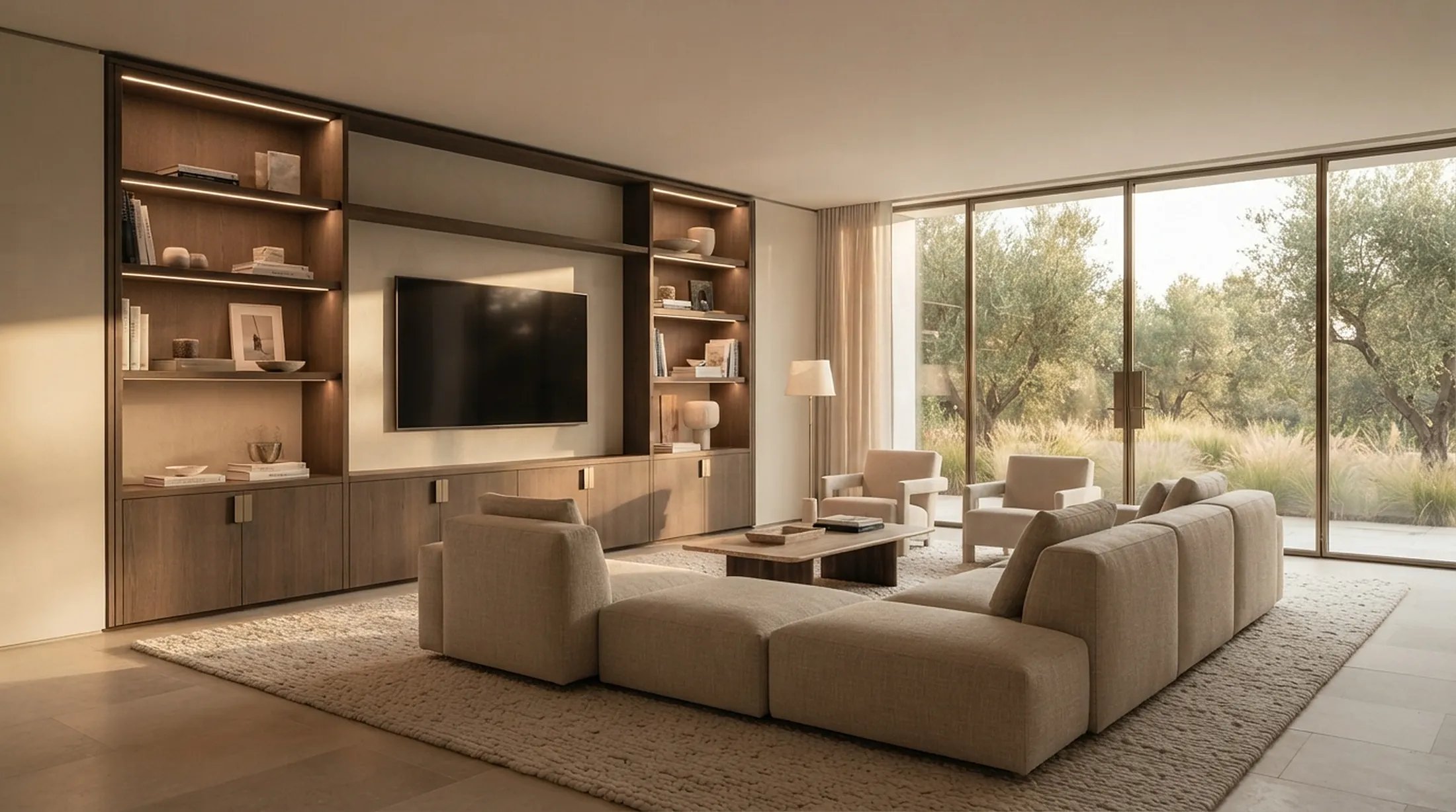 Living room with a built-in media and storage wall