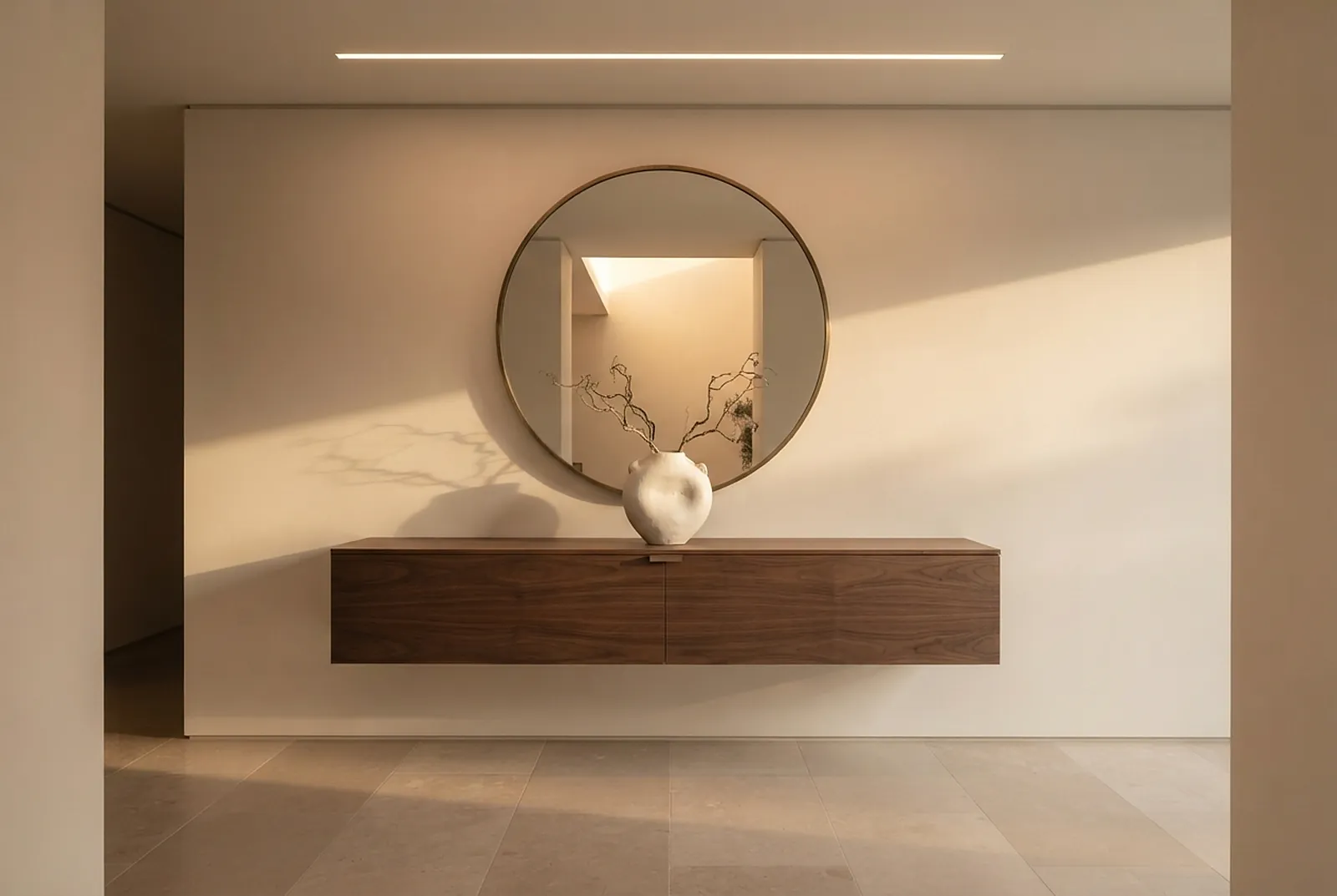 Entrance hall with a floating walnut console and round mirror