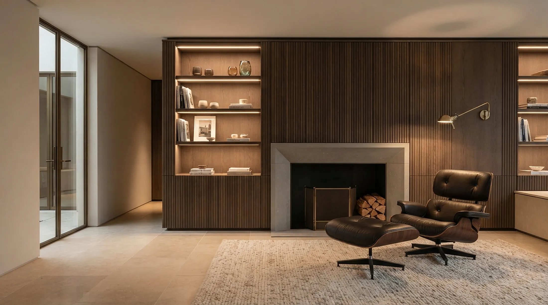 Fluted oak library wall with a stone fireplace and leather lounge chair