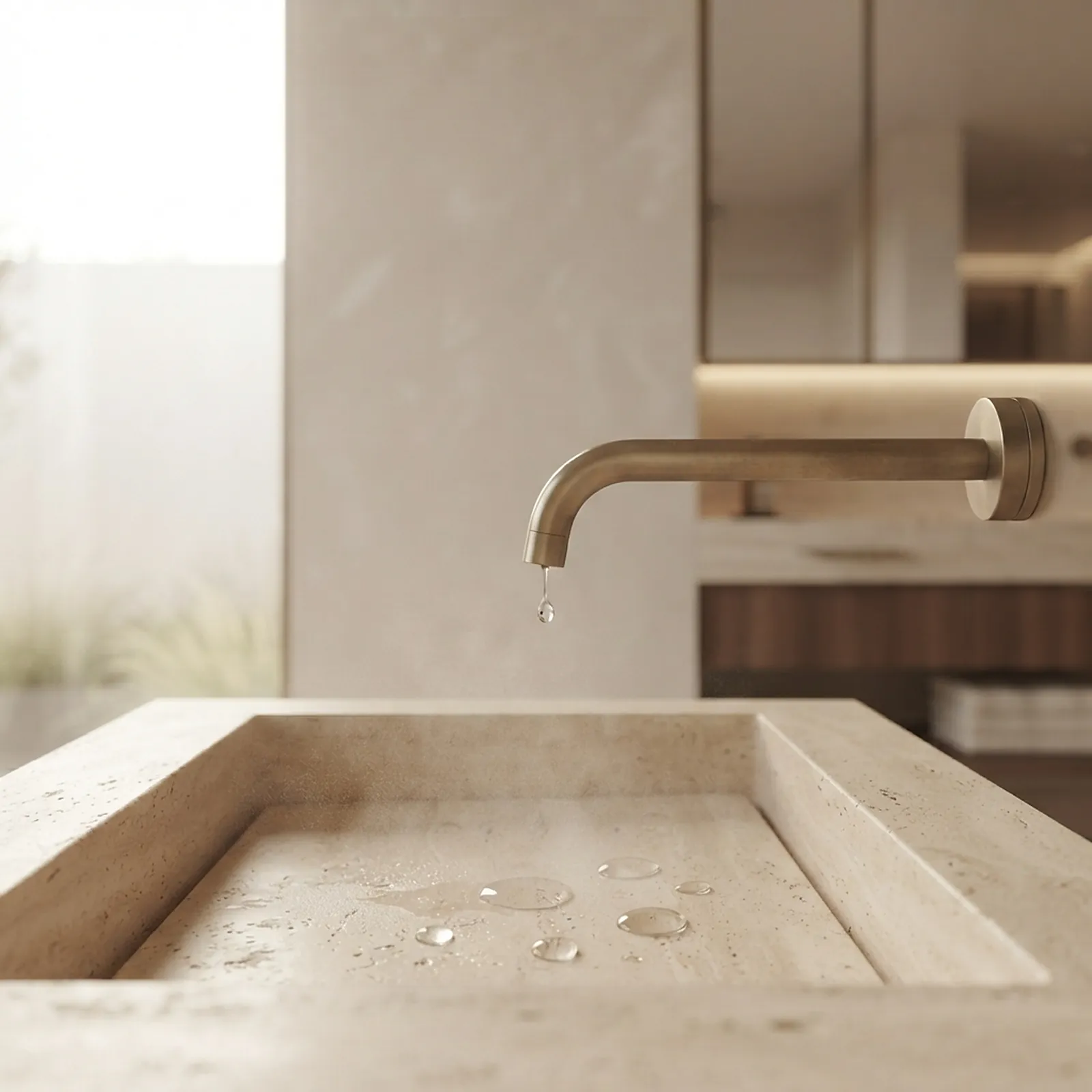 Brass spout above a carved stone basin