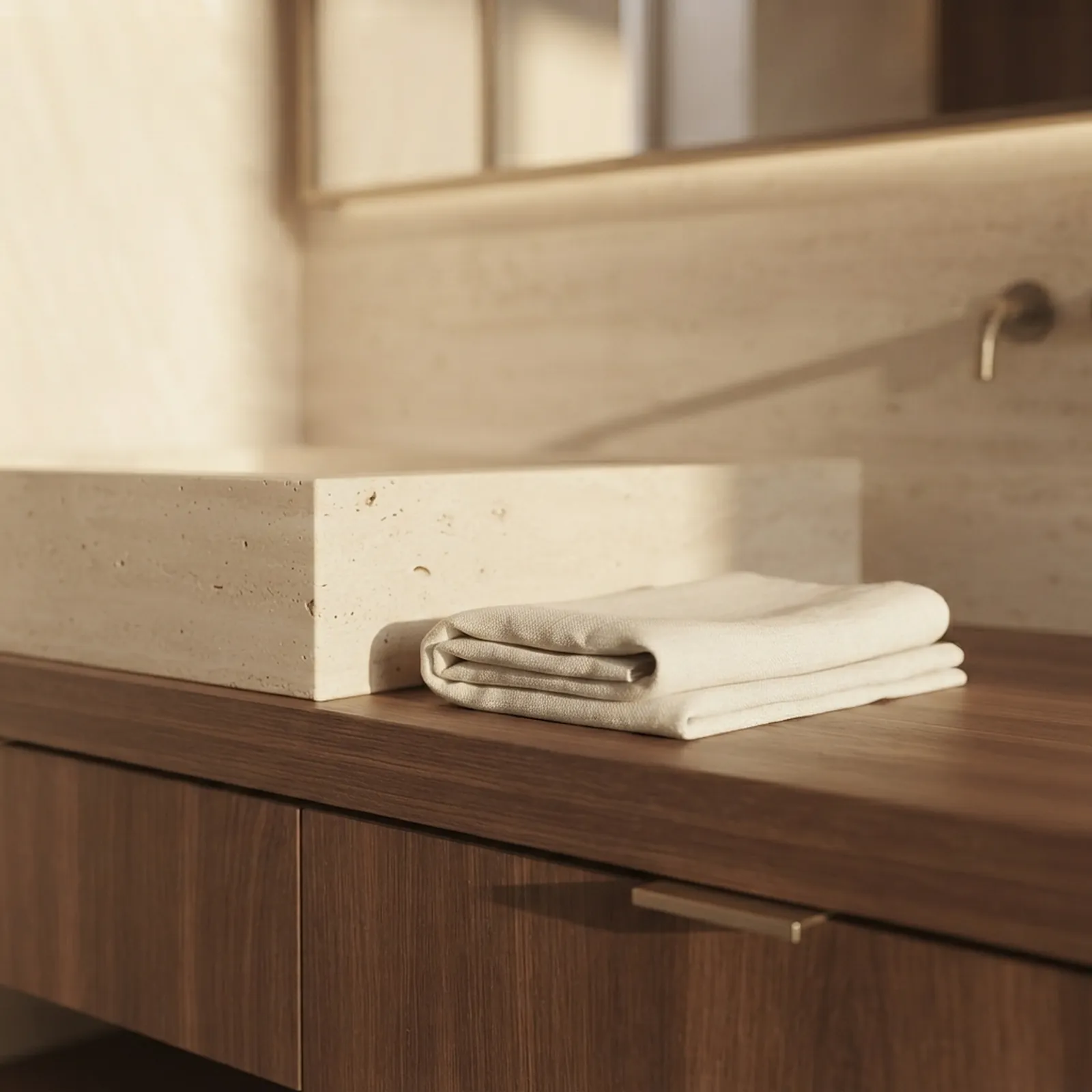Stone basin and folded towel on walnut