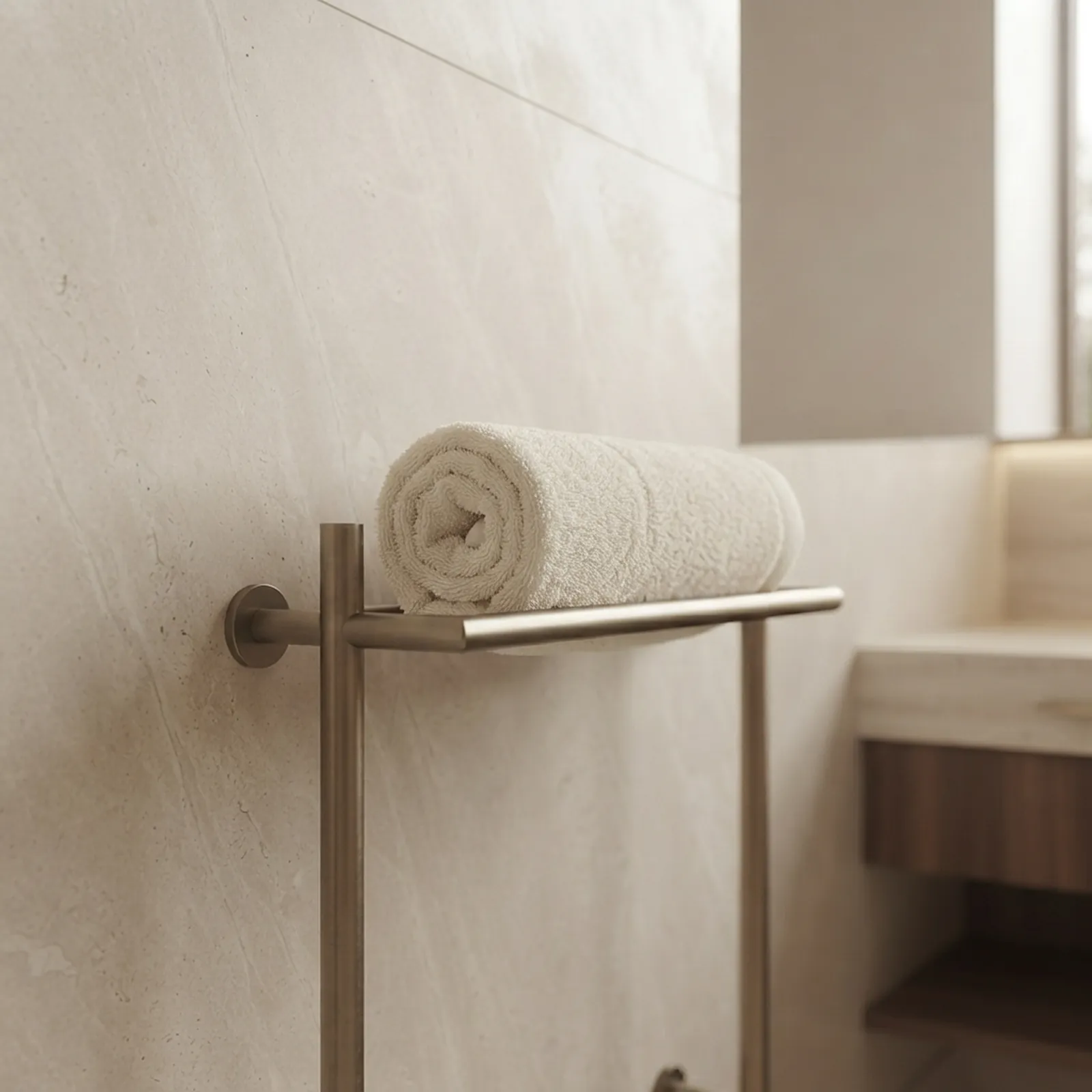 Bronze towel rail against honed marble