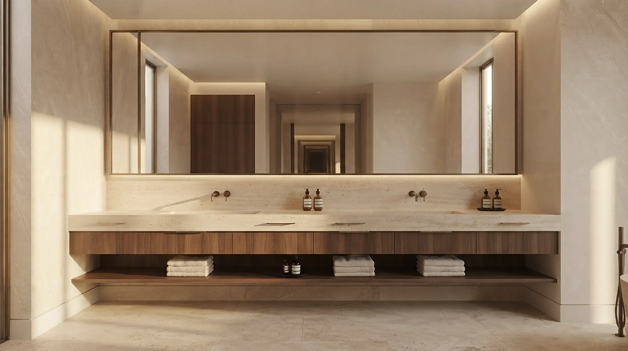 Long double vanity with stone basins and bronze mirror