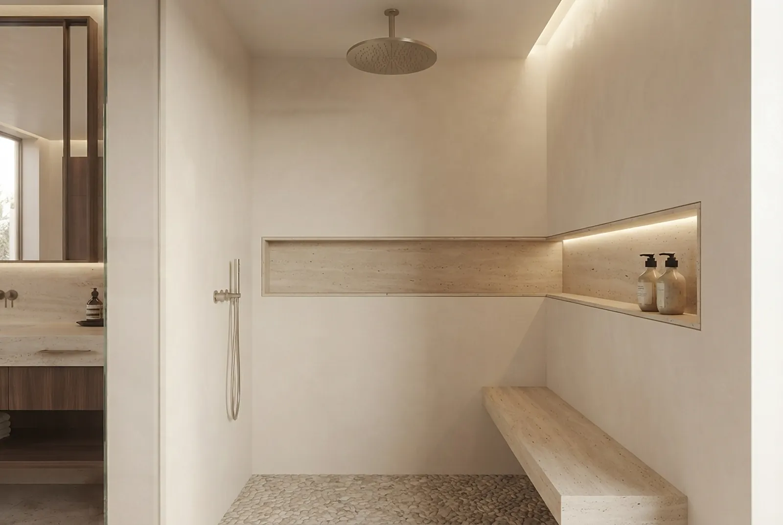 Walk-in shower with stone bench and lit niche
