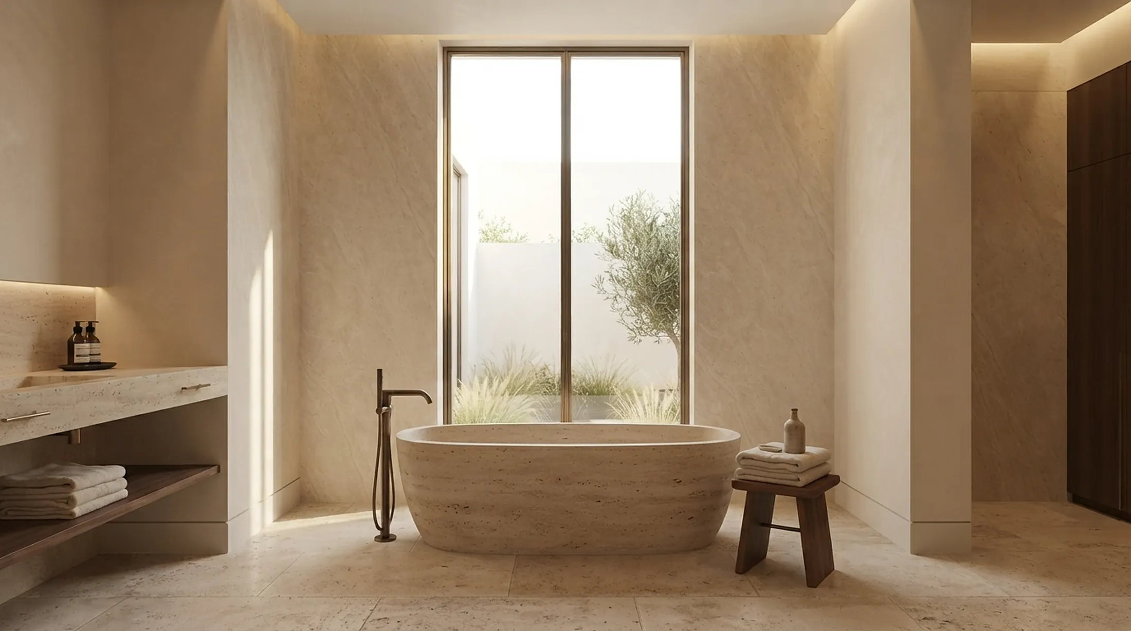 Freestanding stone bath beneath a tall window