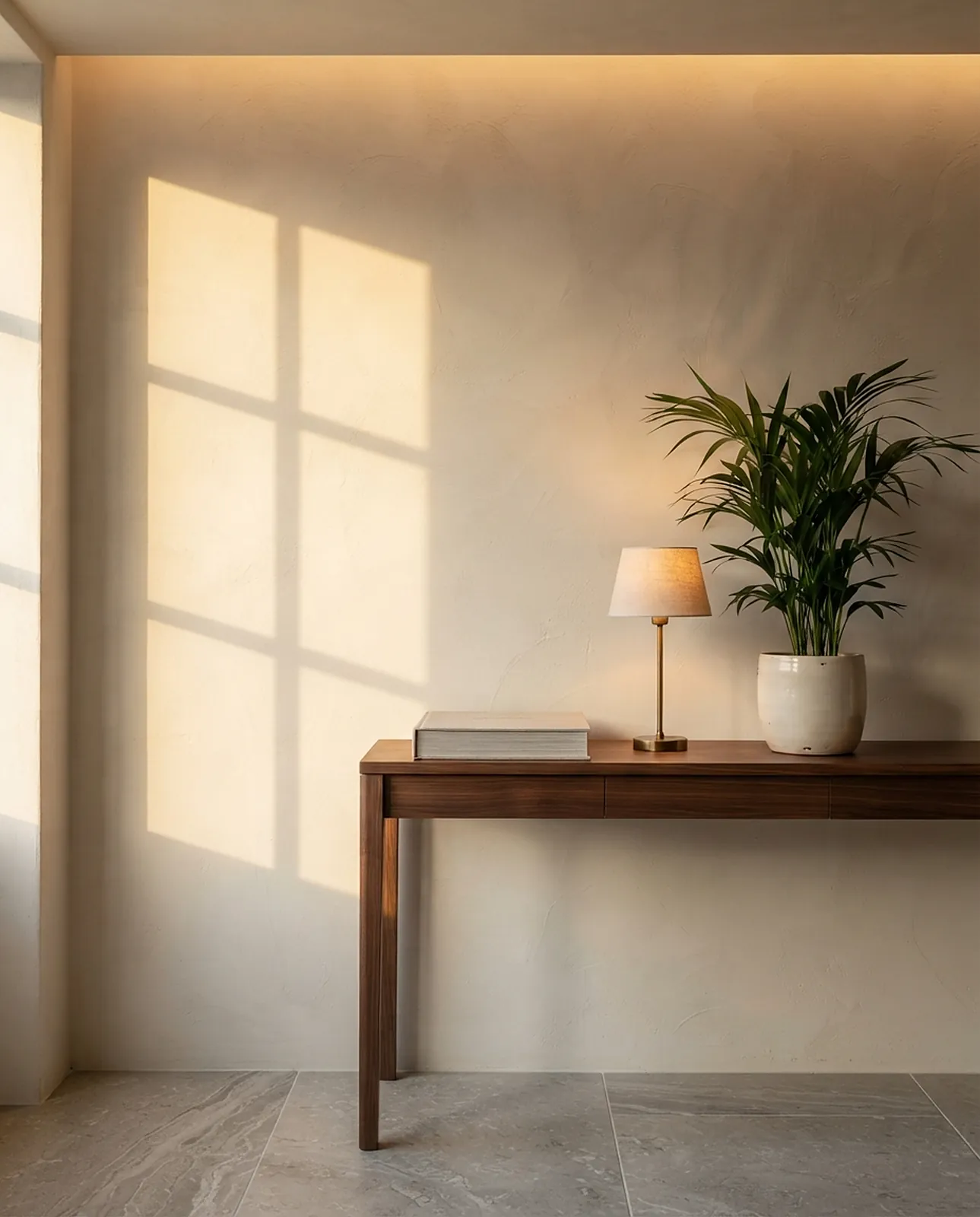 Walnut console with a brass lamp and plant against sunlit plaster