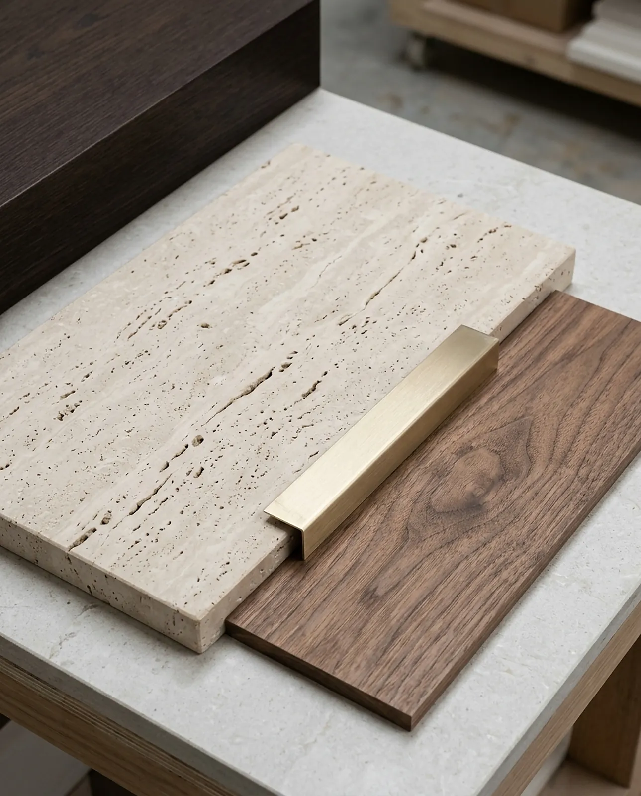 Travertine, walnut and a brass profile on a stone bench
