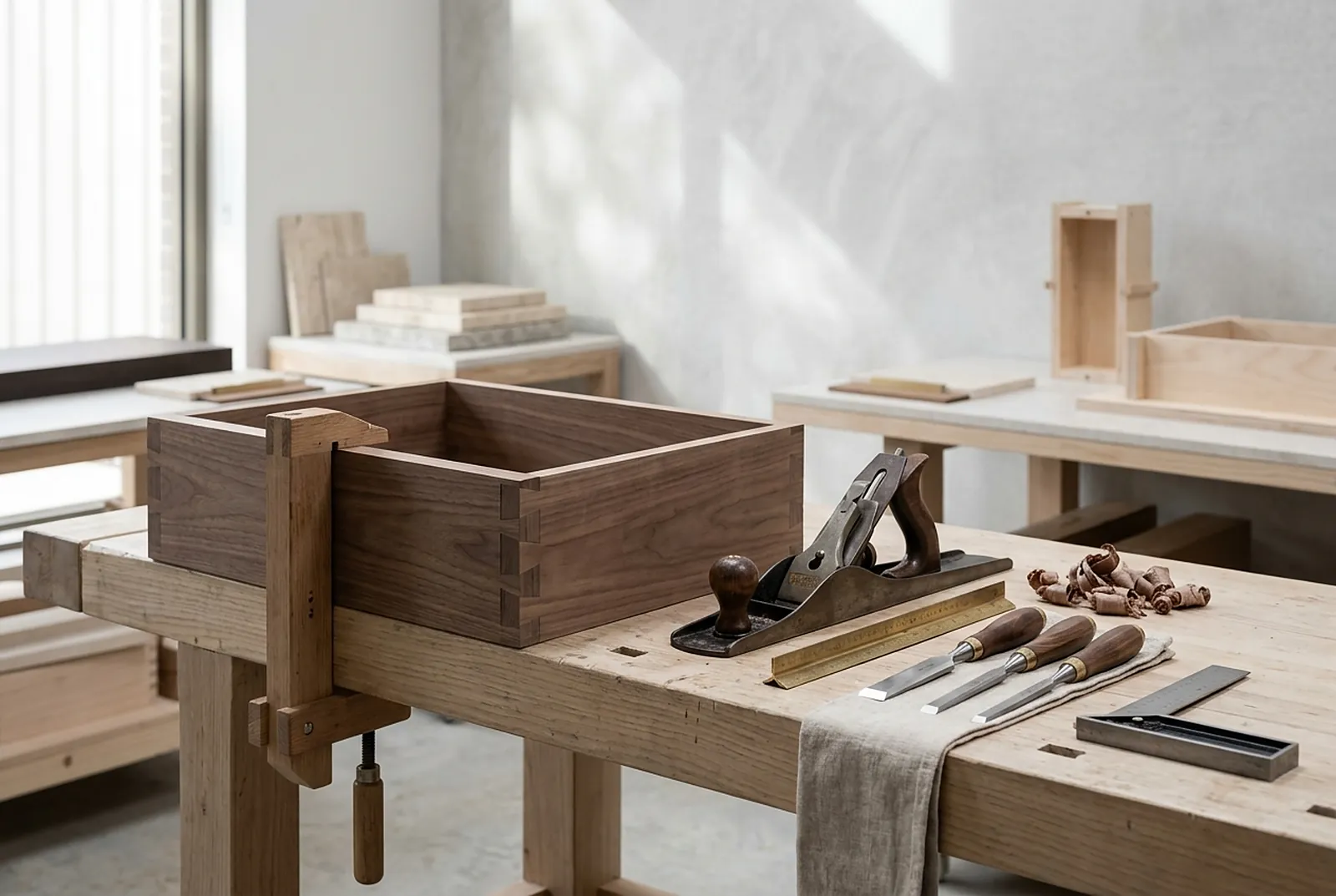 Joinery workbench with hand tools and a dovetailed walnut drawer