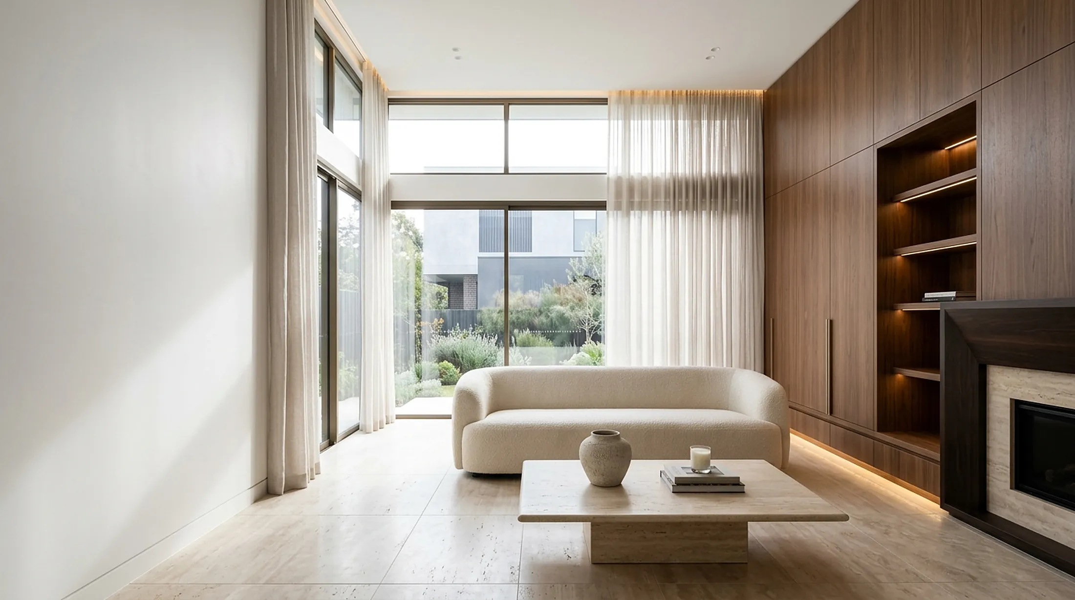 Double-height living room with walnut joinery and travertine floor