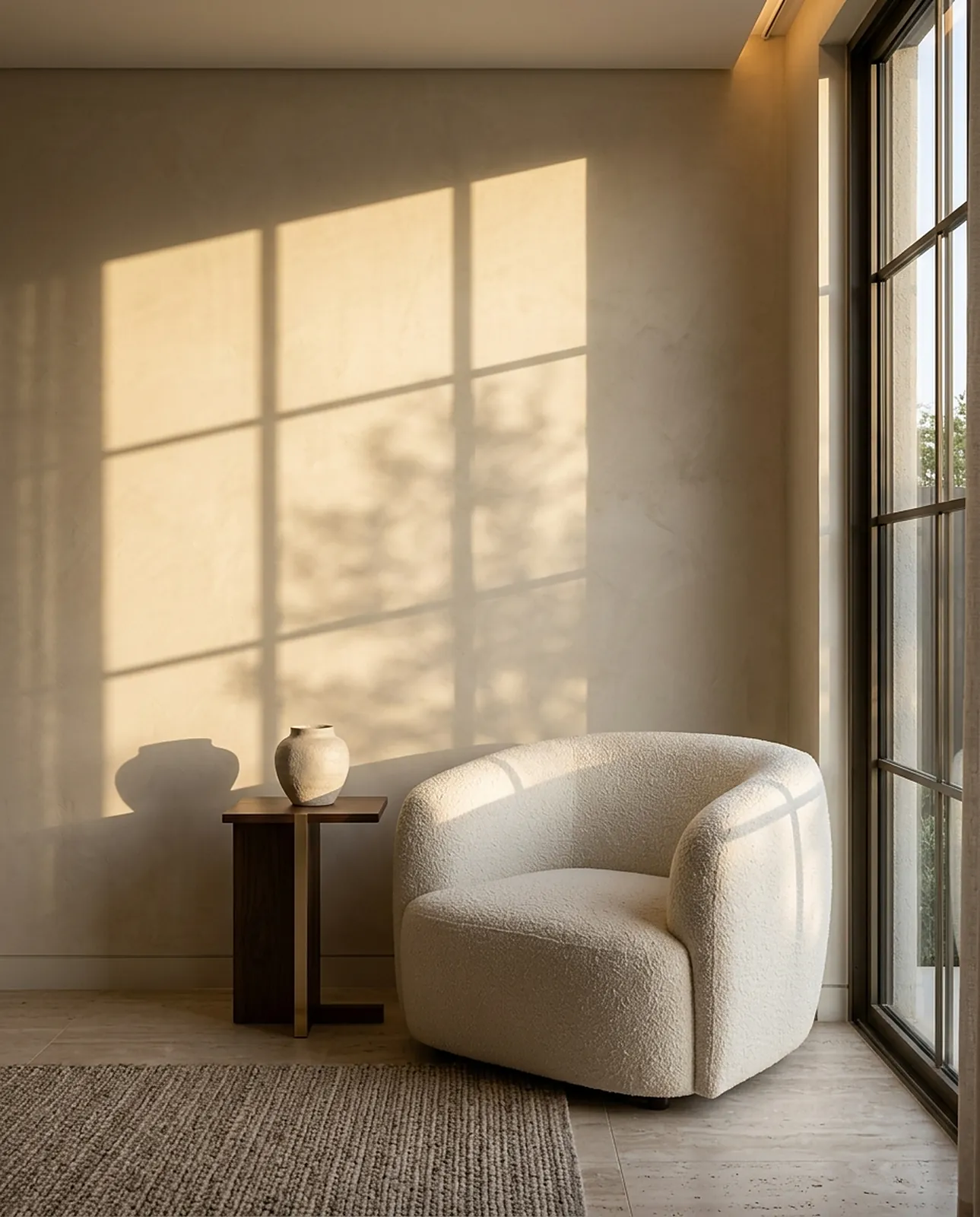 Quiet living room corner with a cream armchair
