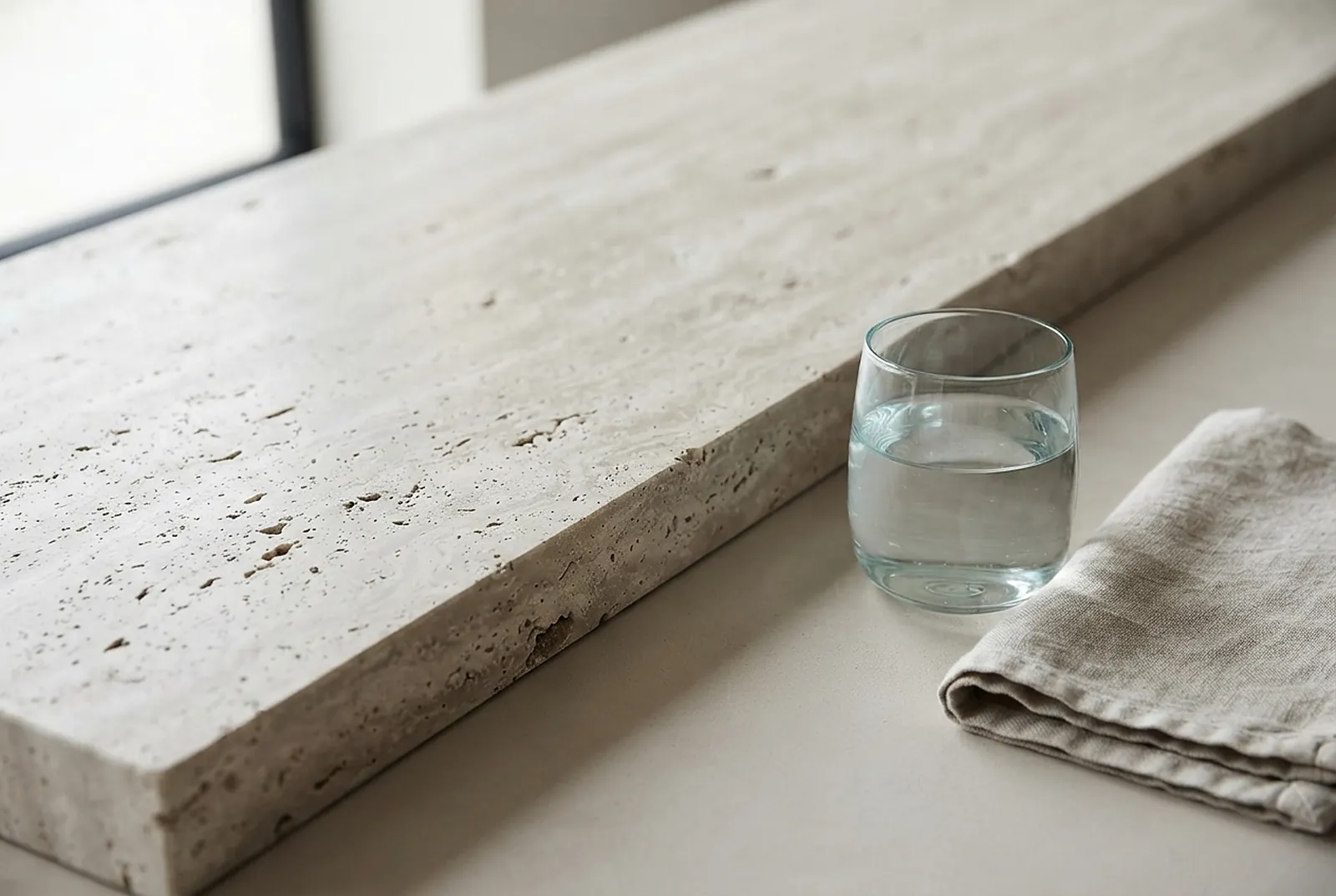 Edge of a honed travertine slab with a glass of water