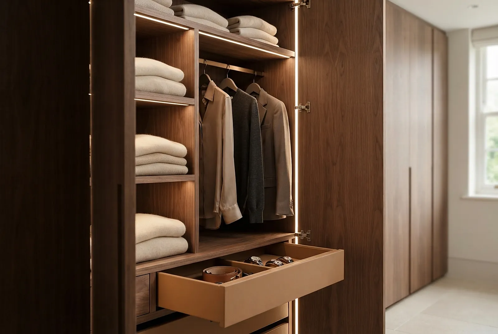 Open walnut wardrobe with folded knitwear