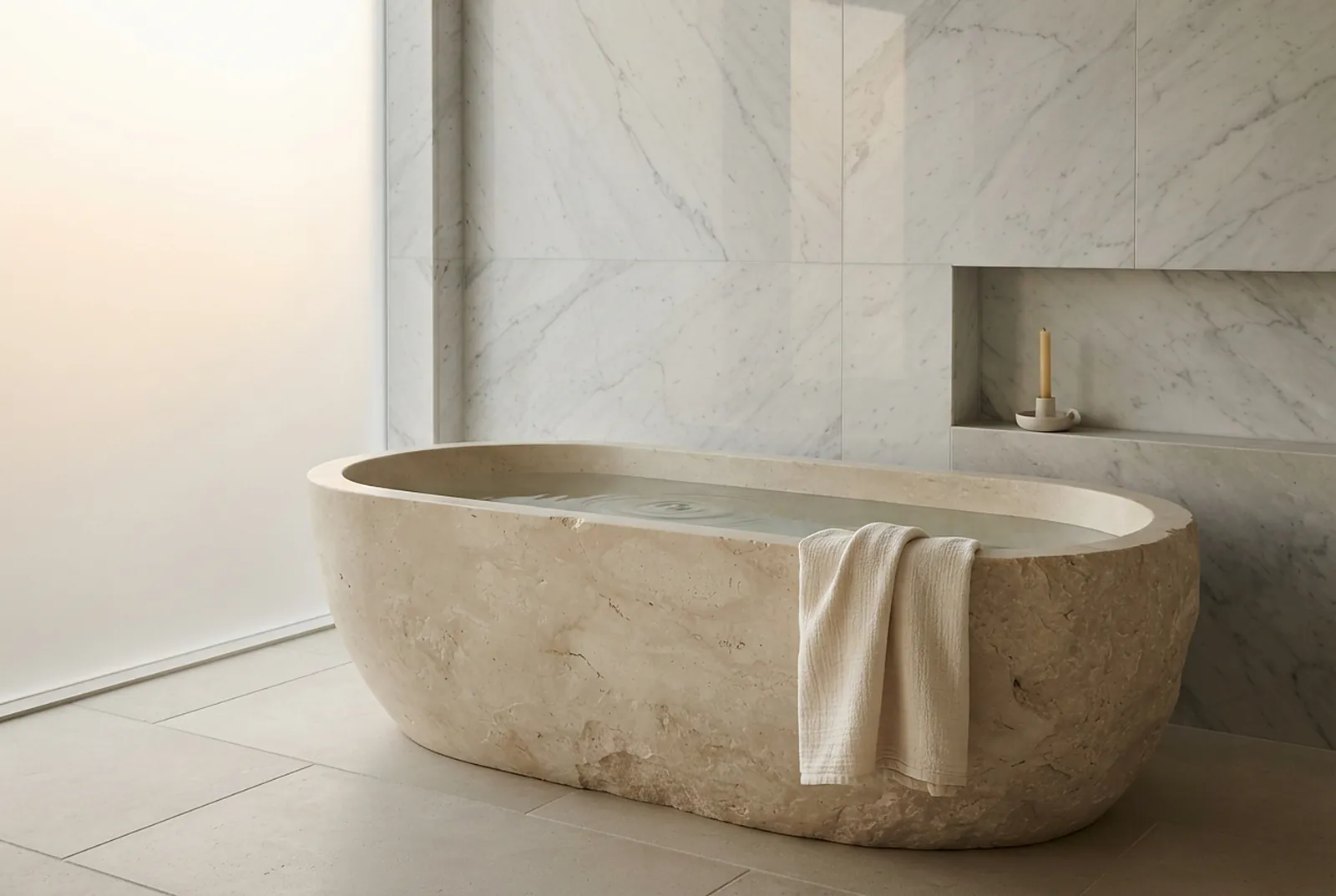 Carved stone bath with a folded linen towel
