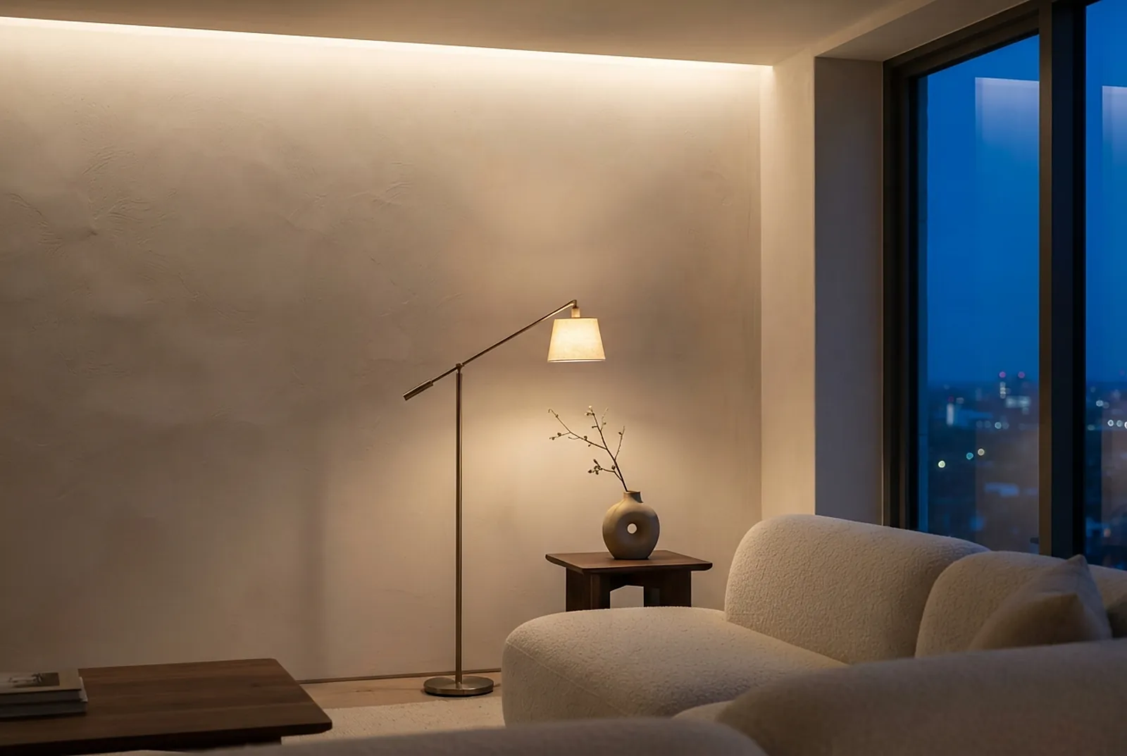Floor lamp and wall washer lighting a plaster wall at dusk