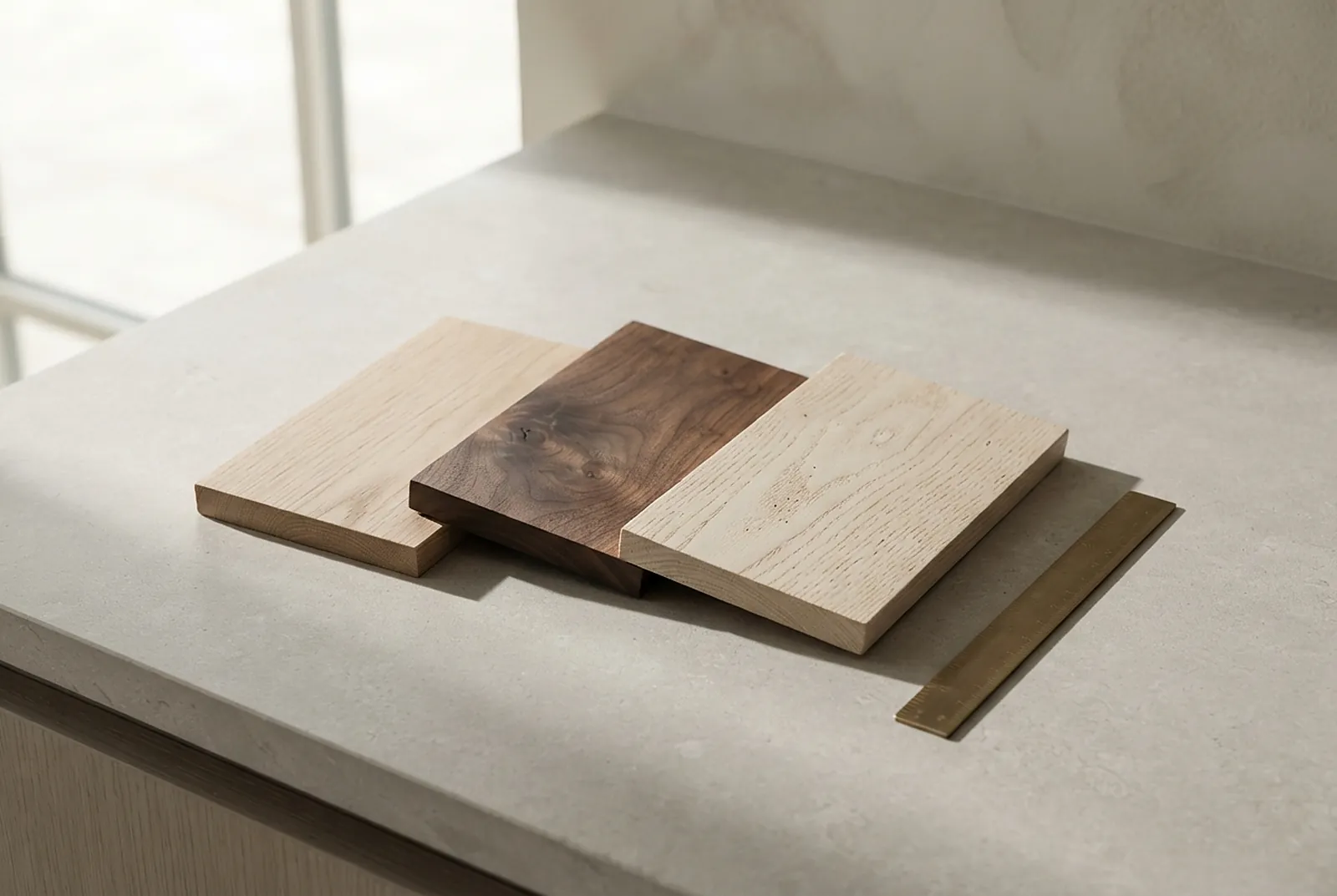 Oak, walnut and ash samples on stone