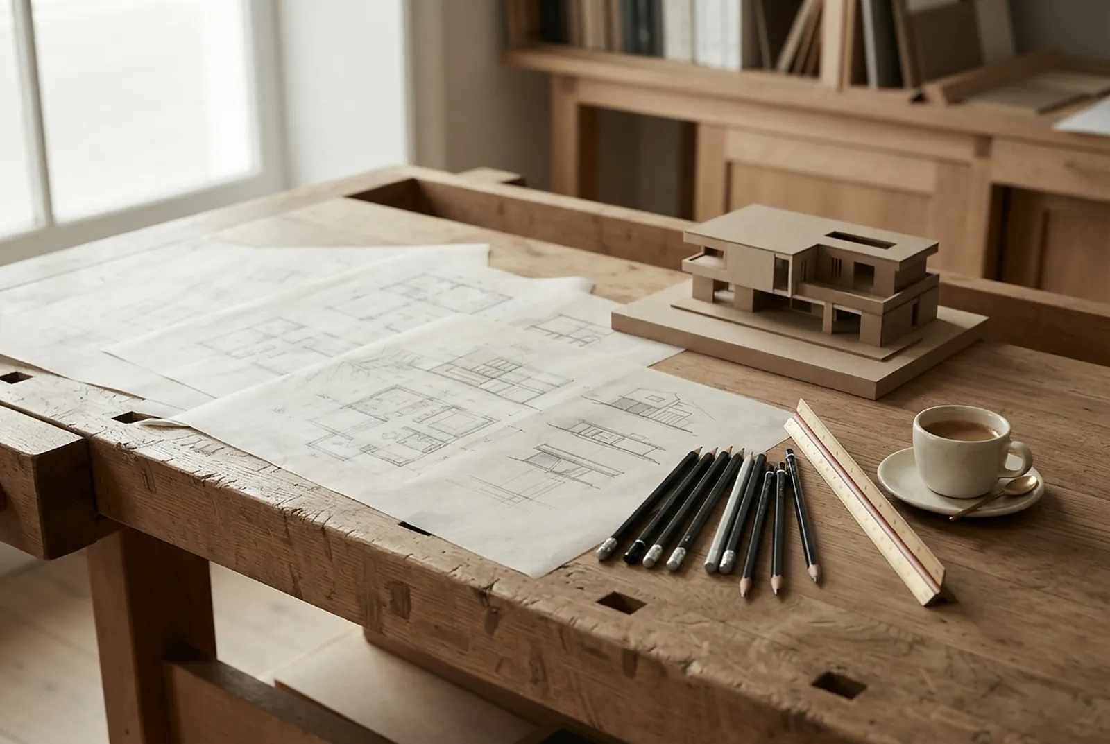 Atelier workbench with sketches and a cardboard model