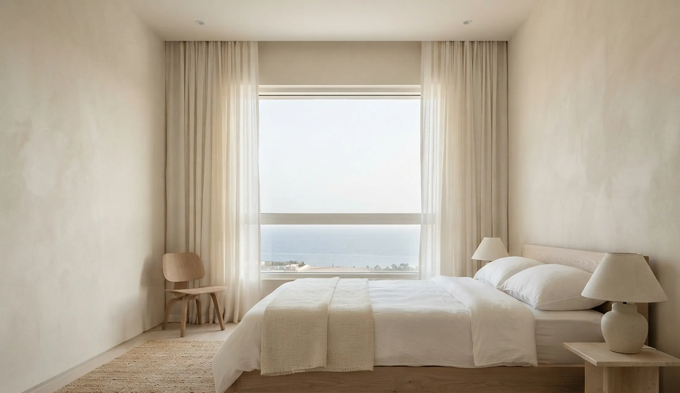 Bedroom with linen curtains and sea view