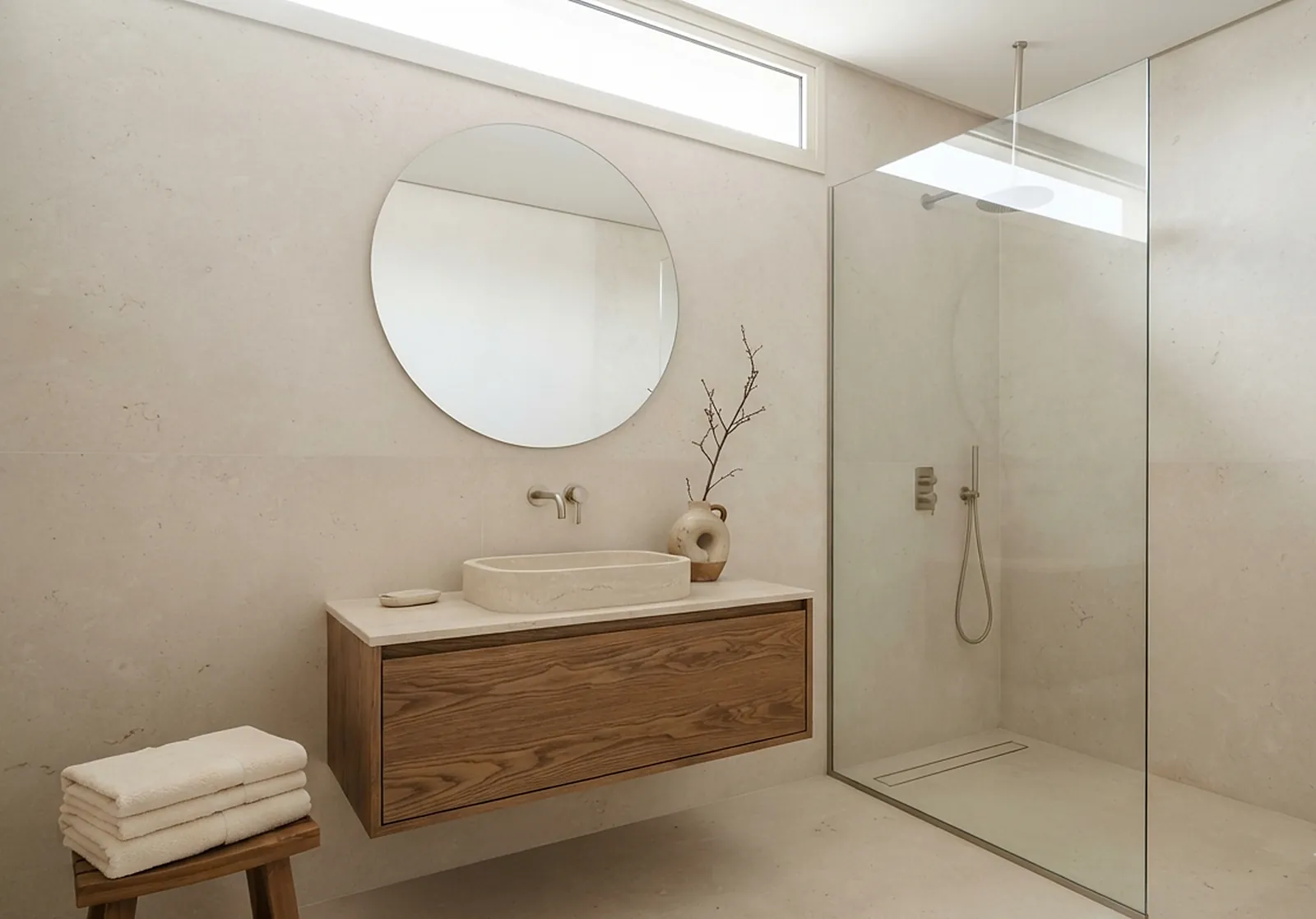 Stone bathroom with floating oak vanity
