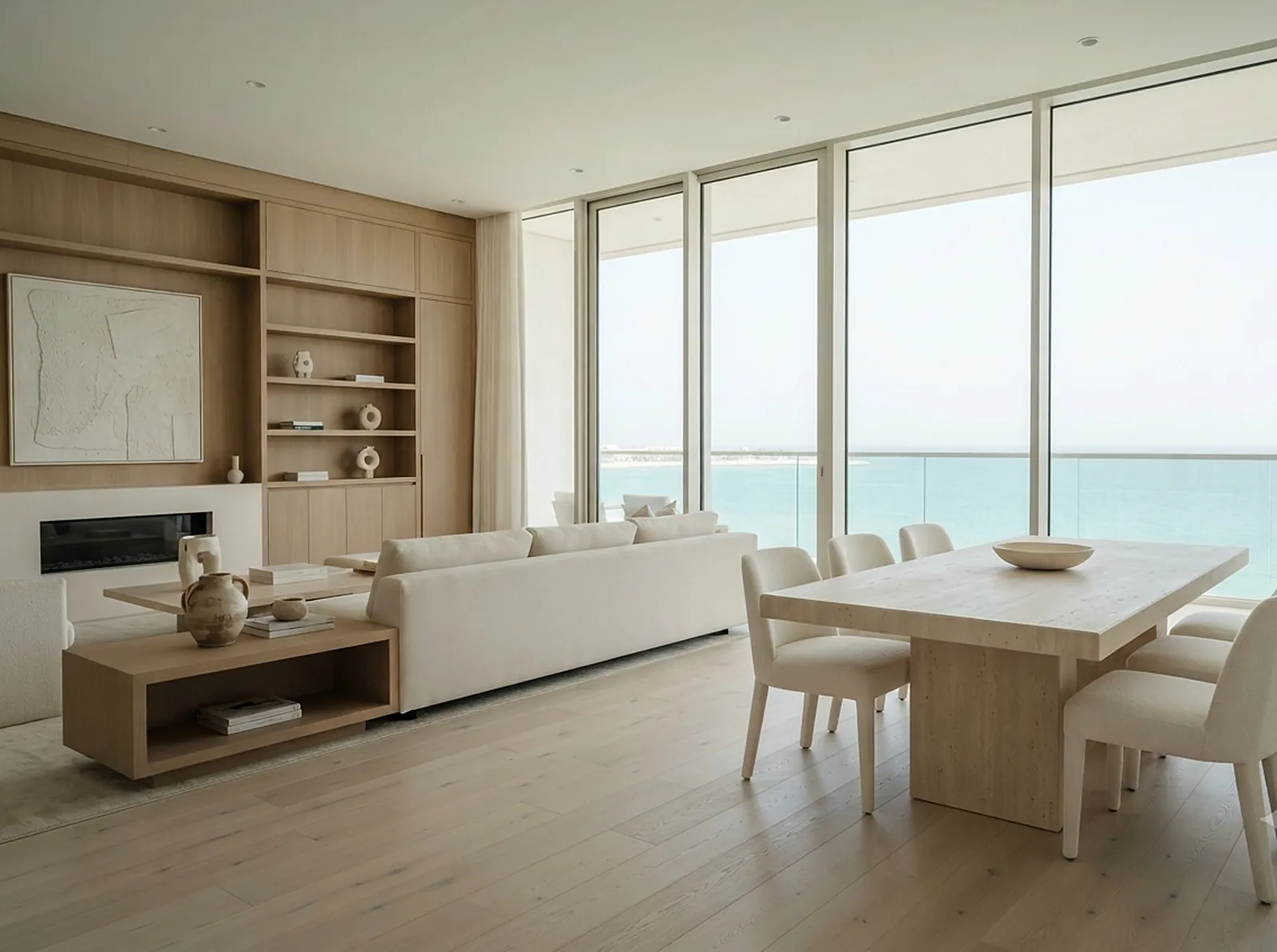 Open living and dining area with oak media wall