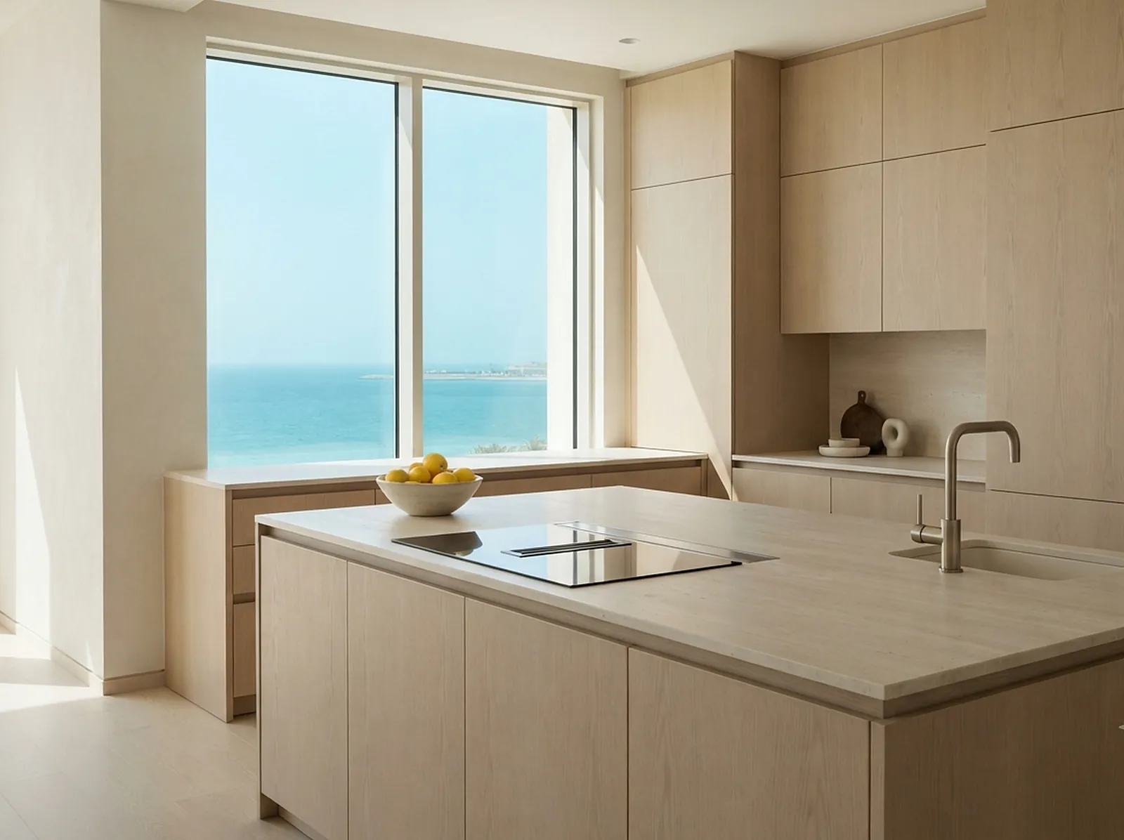 Pale oak kitchen with a sea view