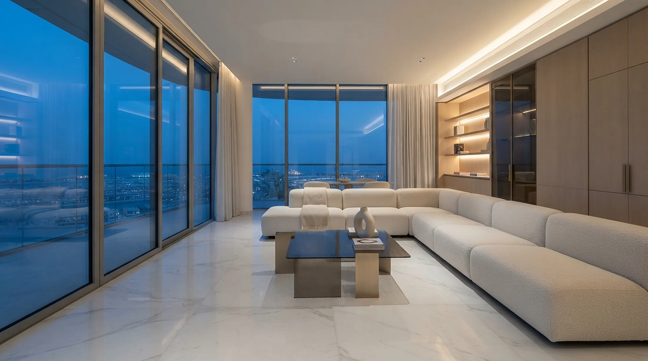 Penthouse living room at dusk with floor-to-ceiling glass facing the sea