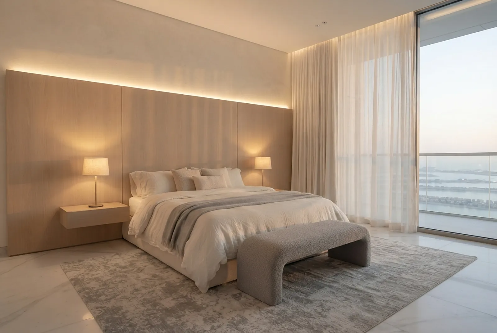 Principal bedroom with oak headboard wall