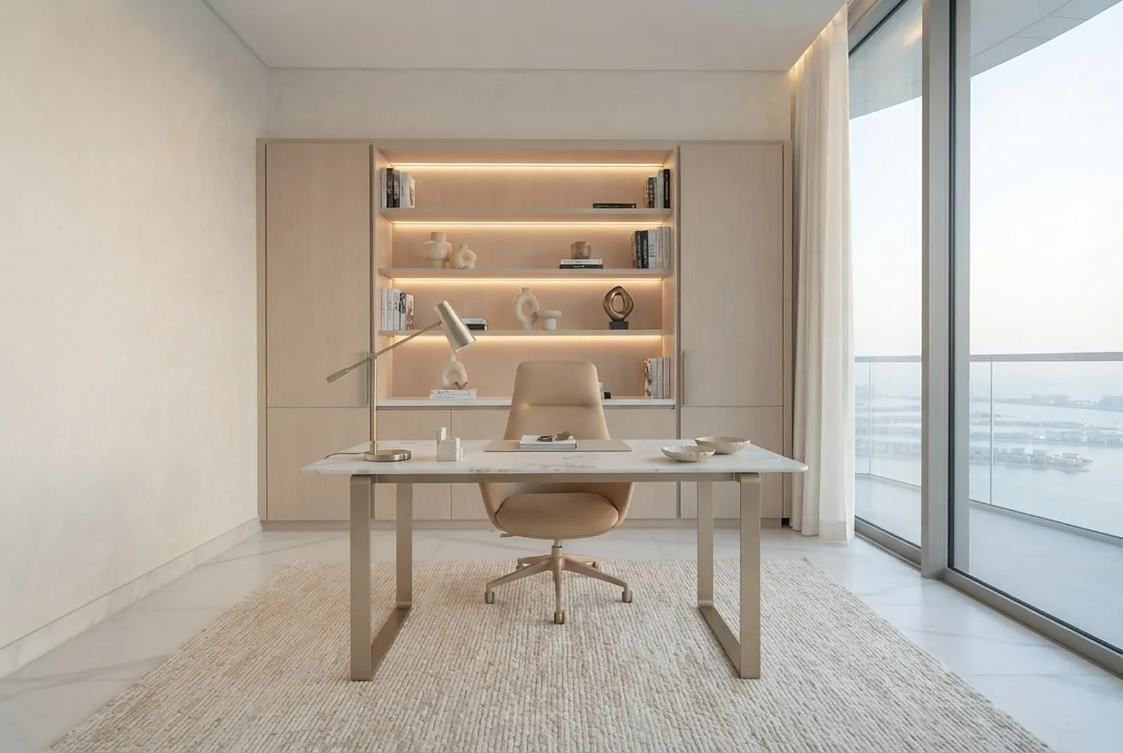 Study with oak shelving and sea view
