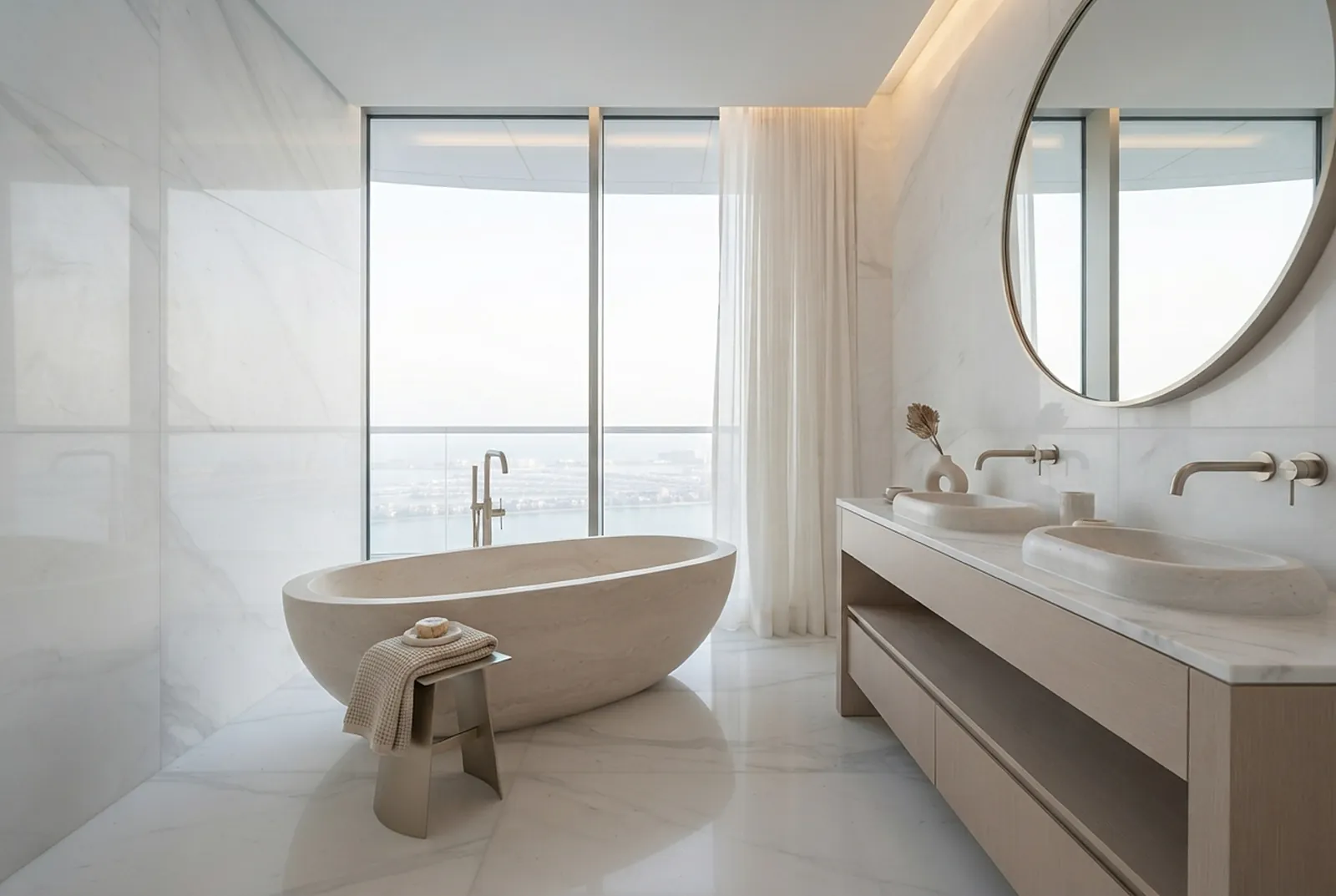 Marble bathroom with freestanding stone bath