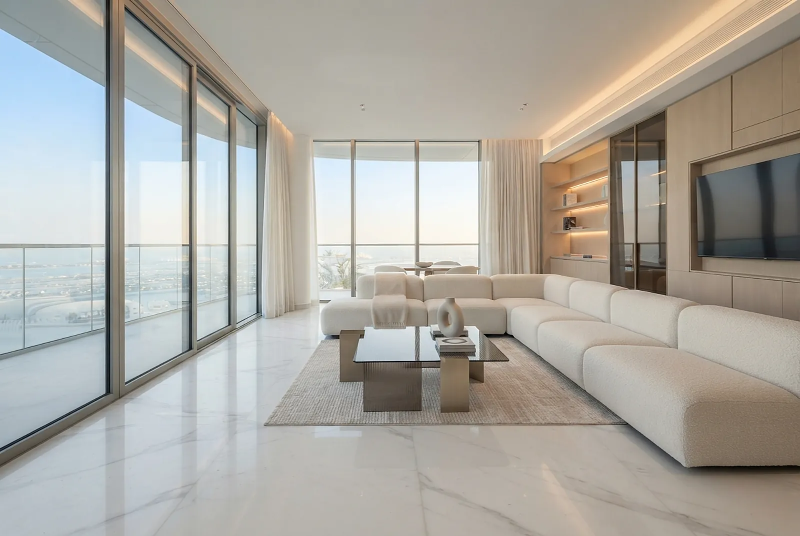 Living room by day with a long ivory sofa and sea view