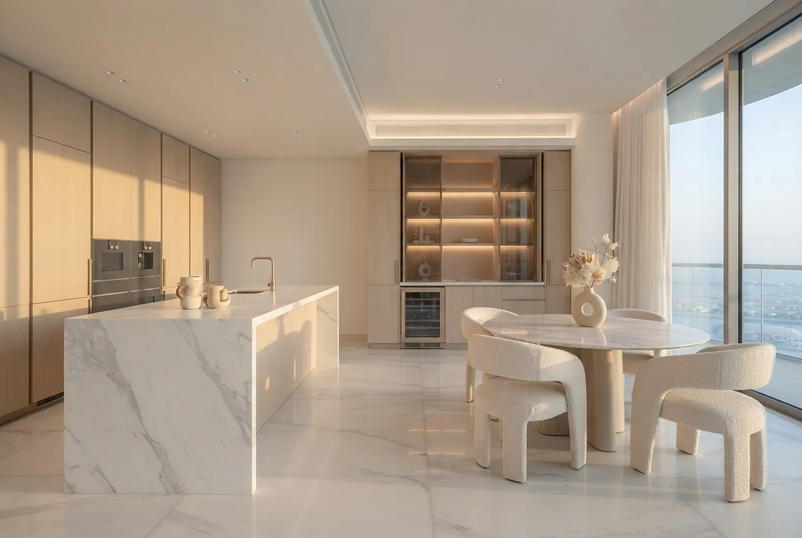 Marble kitchen island and round dining table