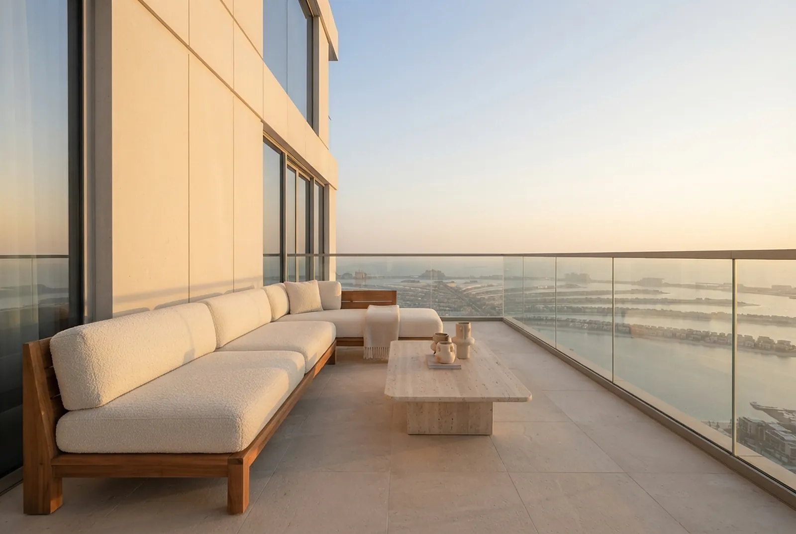Terrace with teak lounge sofa at golden hour