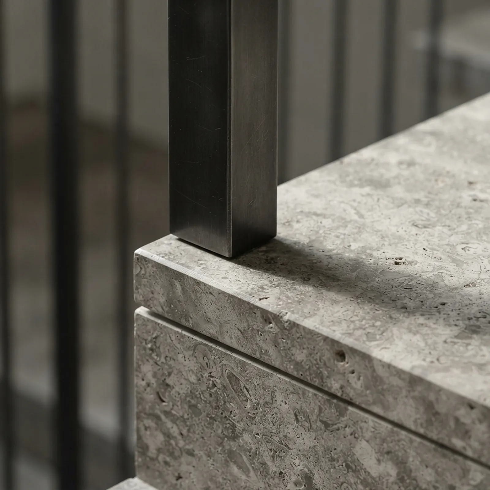Blackened steel post meeting a stone tread
