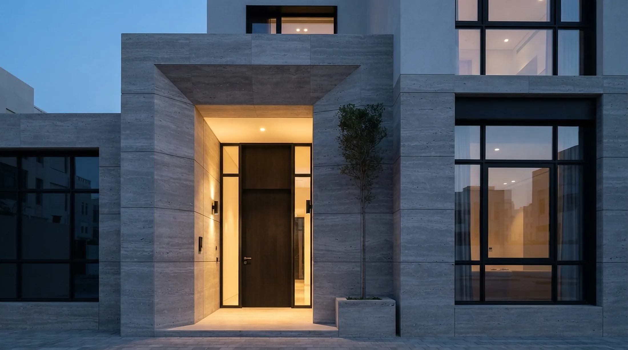 Townhouse entrance in grey travertine at dusk