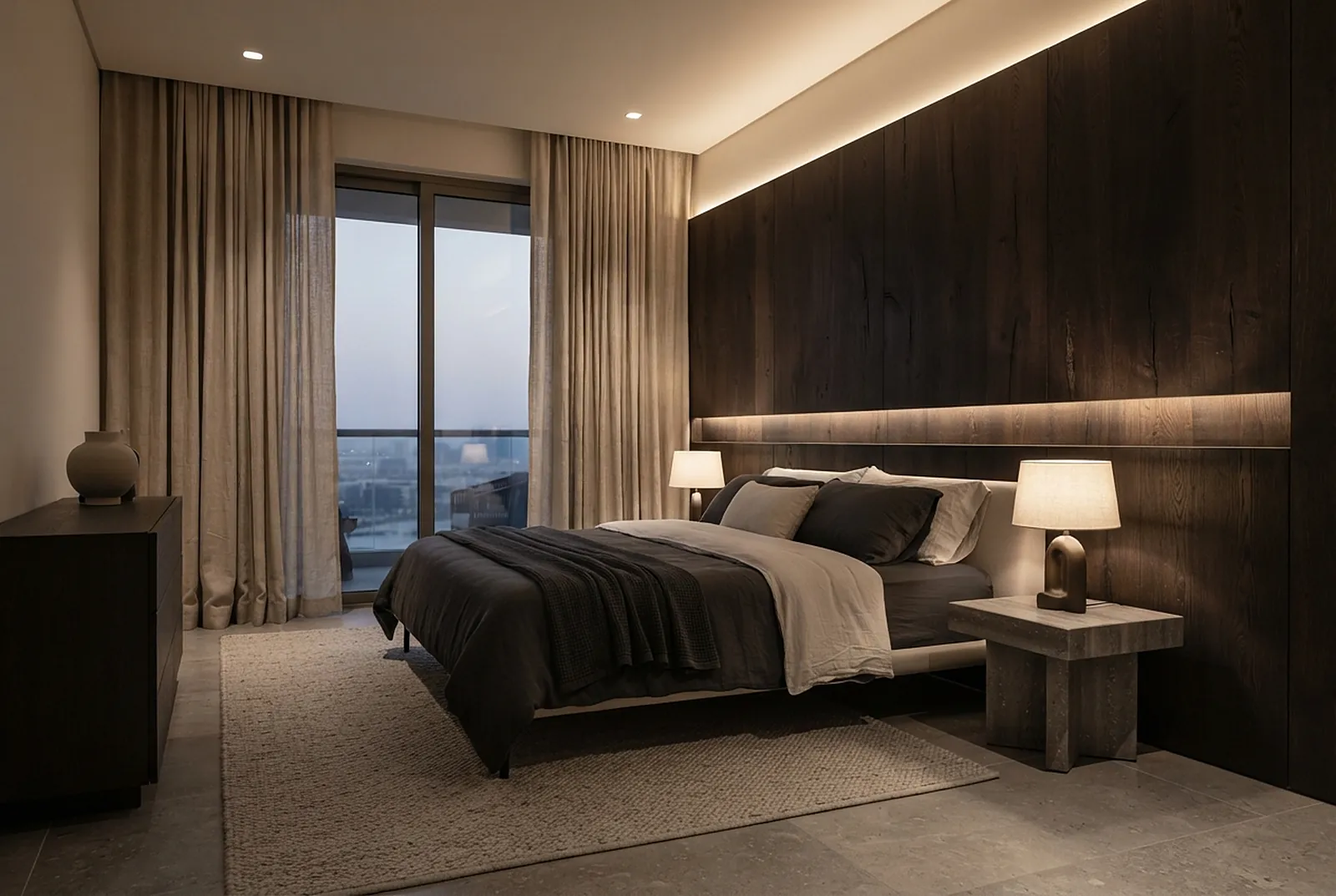 Bedroom with ebony headboard wall