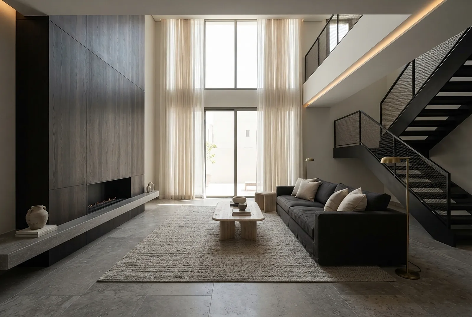 Double-height living room with steel stair