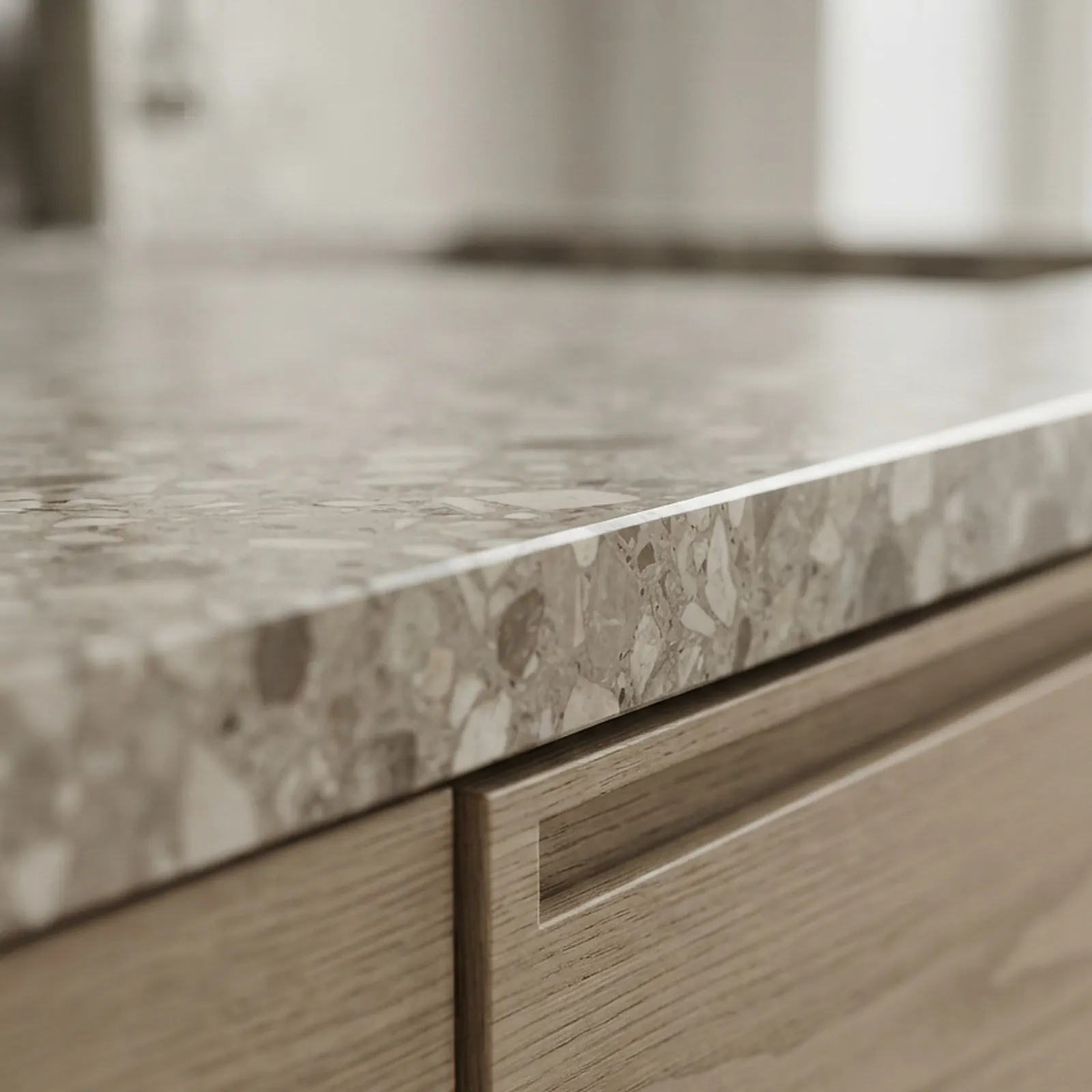 Terrazzo worktop edge meeting ash drawer front
